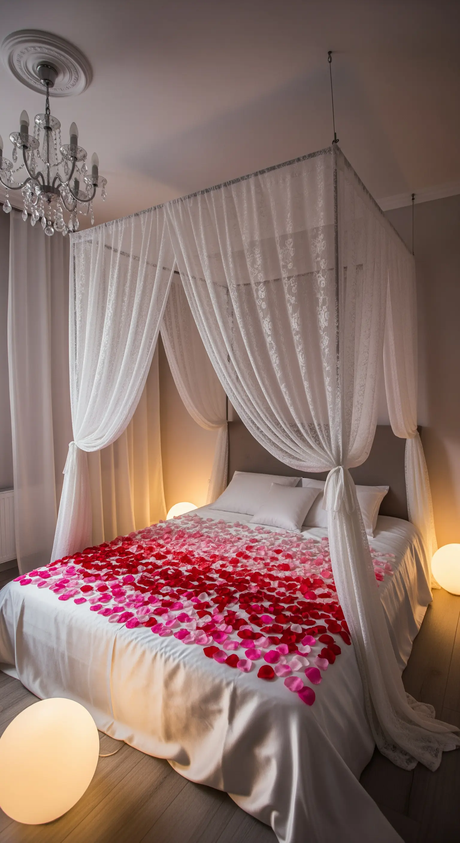 Letto a baldacchino con tende bianche e una cascata di petali di rosa rossi e rosa.