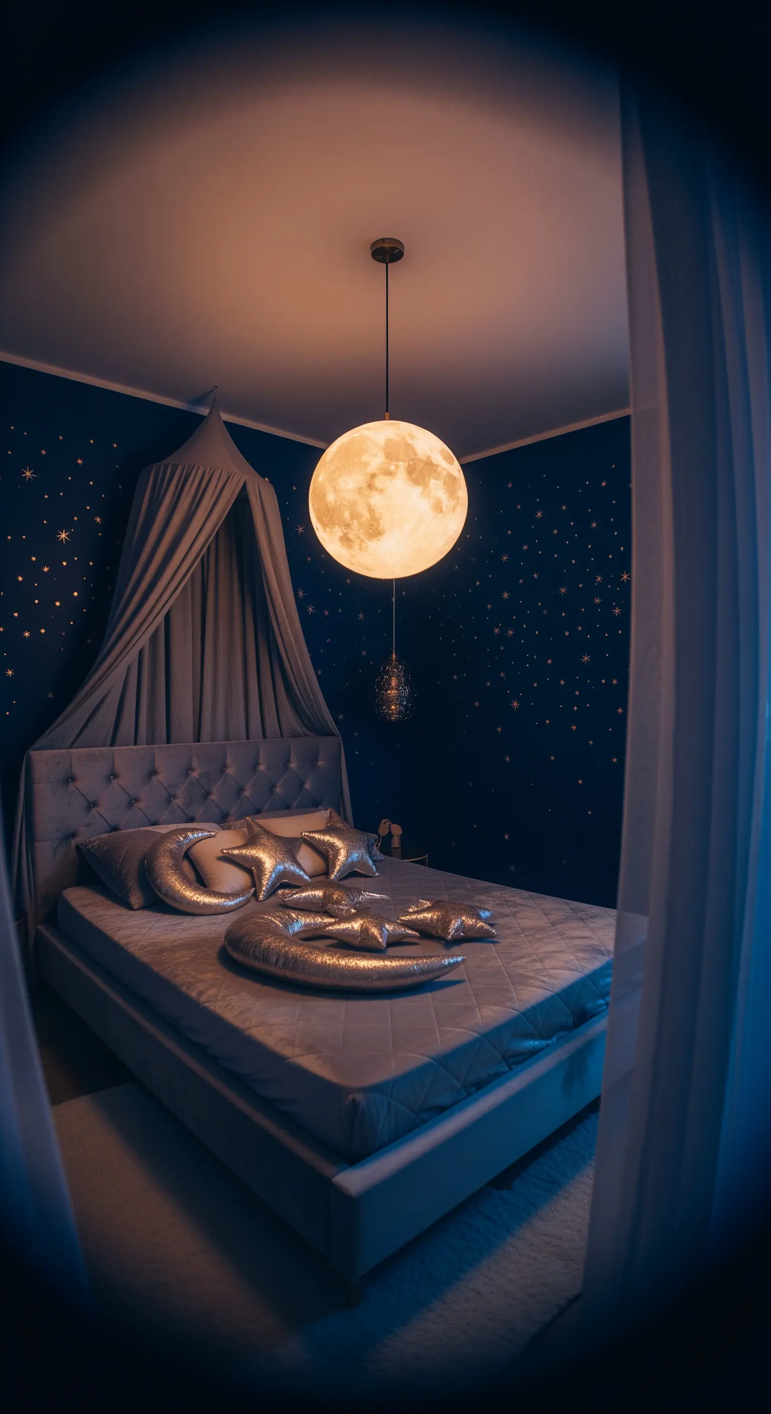 Camera da letto per bambini con parete blu notte stellata e lampada a forma di luna.