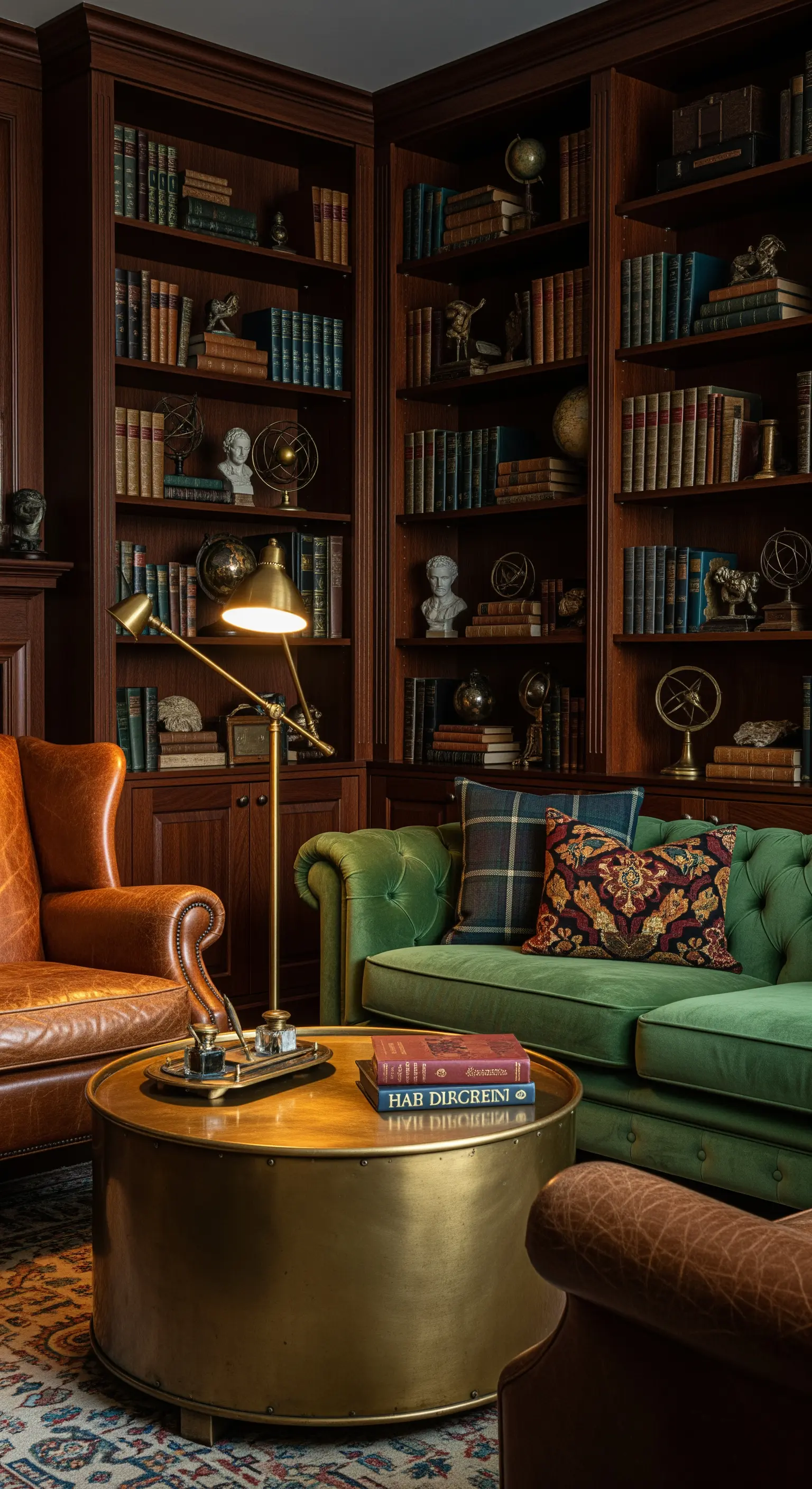 Biblioteca con boiserie in legno, divano Chesterfield verde e tavolino rotondo in ottone.