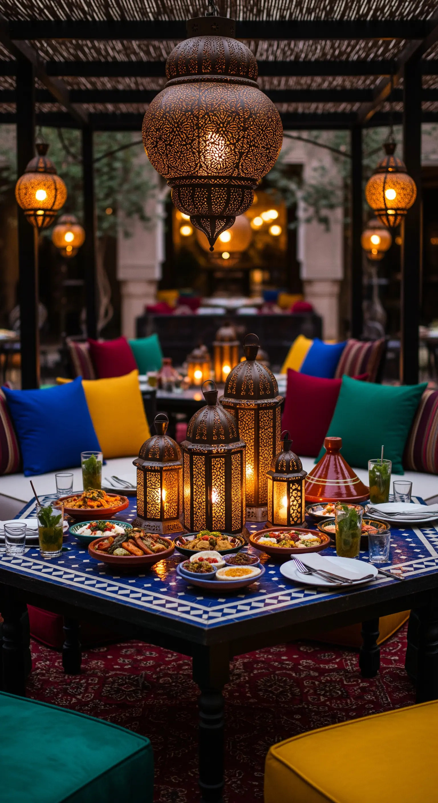 Tavolo da pranzo marocchino con piano a mosaico blu e cuscini colorati sui divani.