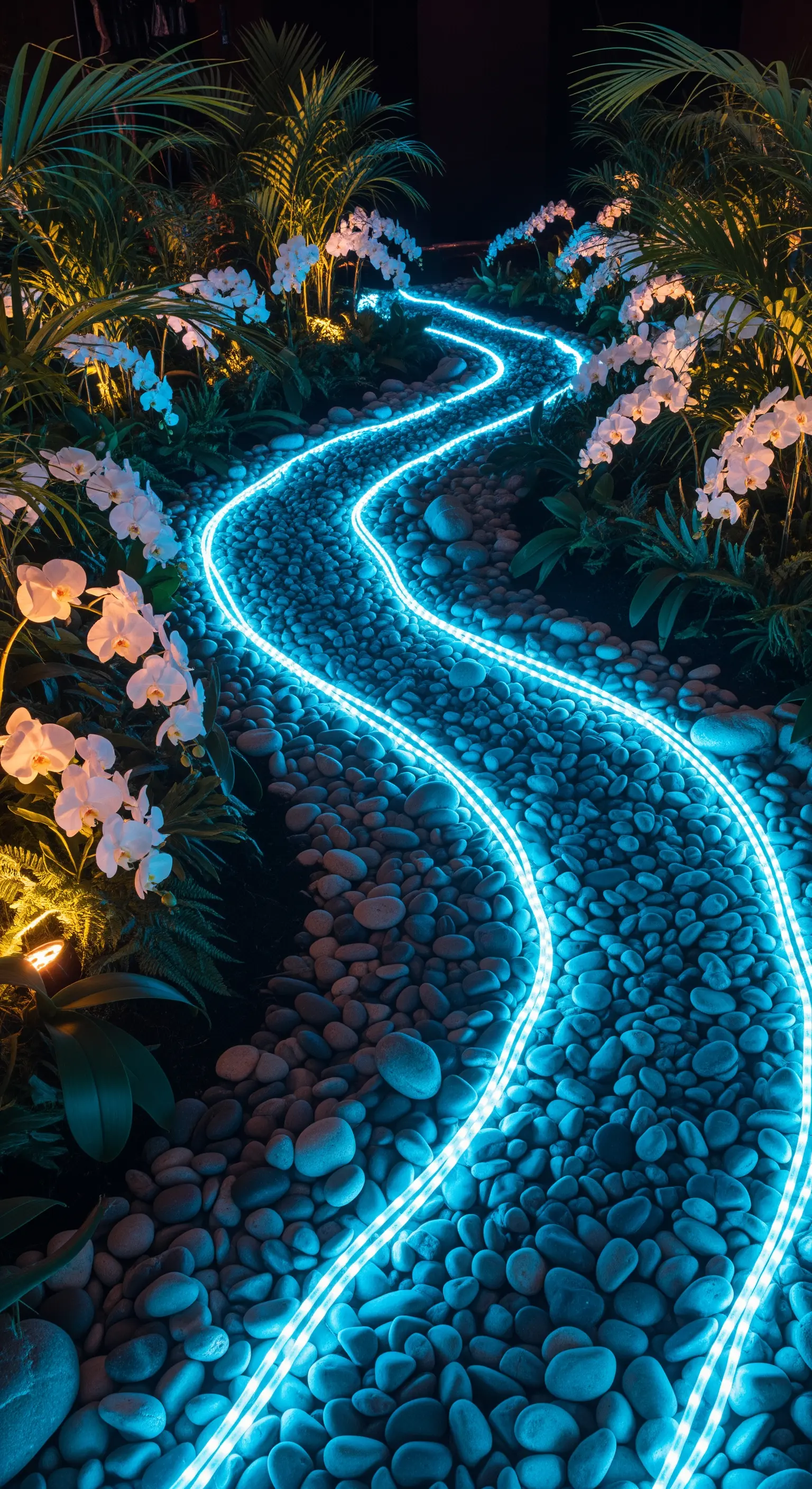 Sentiero di ciottoli attraversato da un tubo LED flessibile di colore ciano, tra orchidee bianche.