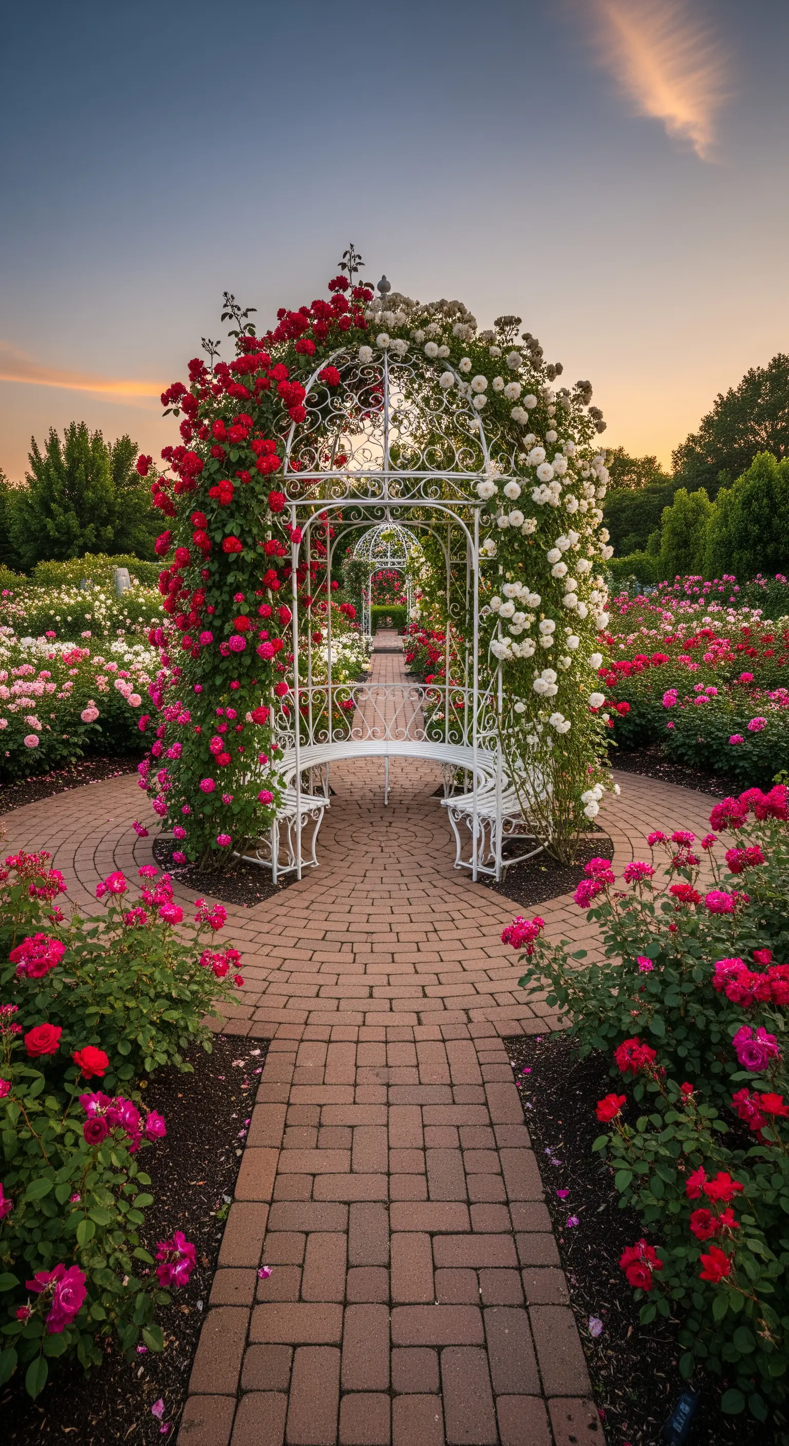 Gazebo in ferro battuto bianco con panchina, coperto di rose rosse e bianche al centro di un giardino