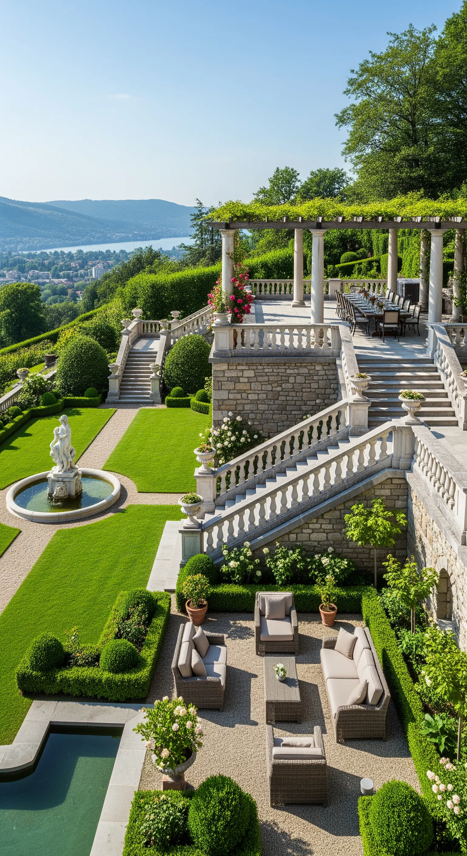 Giardino a più livelli con scalinate in pietra, prati curati, fontane e vista sul lago