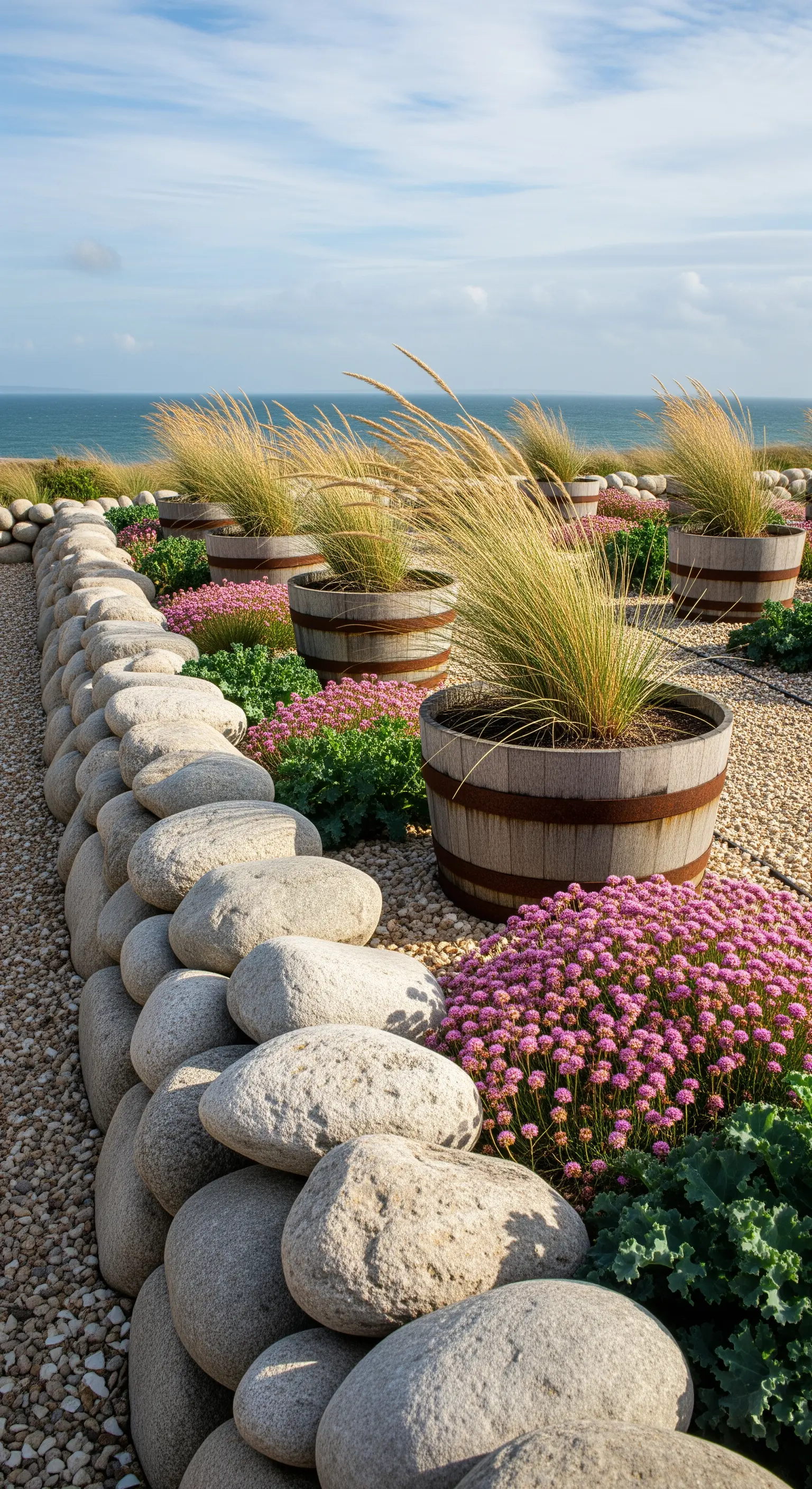 Giardino costiero con botti riempite di erbe ornamentali e fiori rosa, circondate da ciottoli