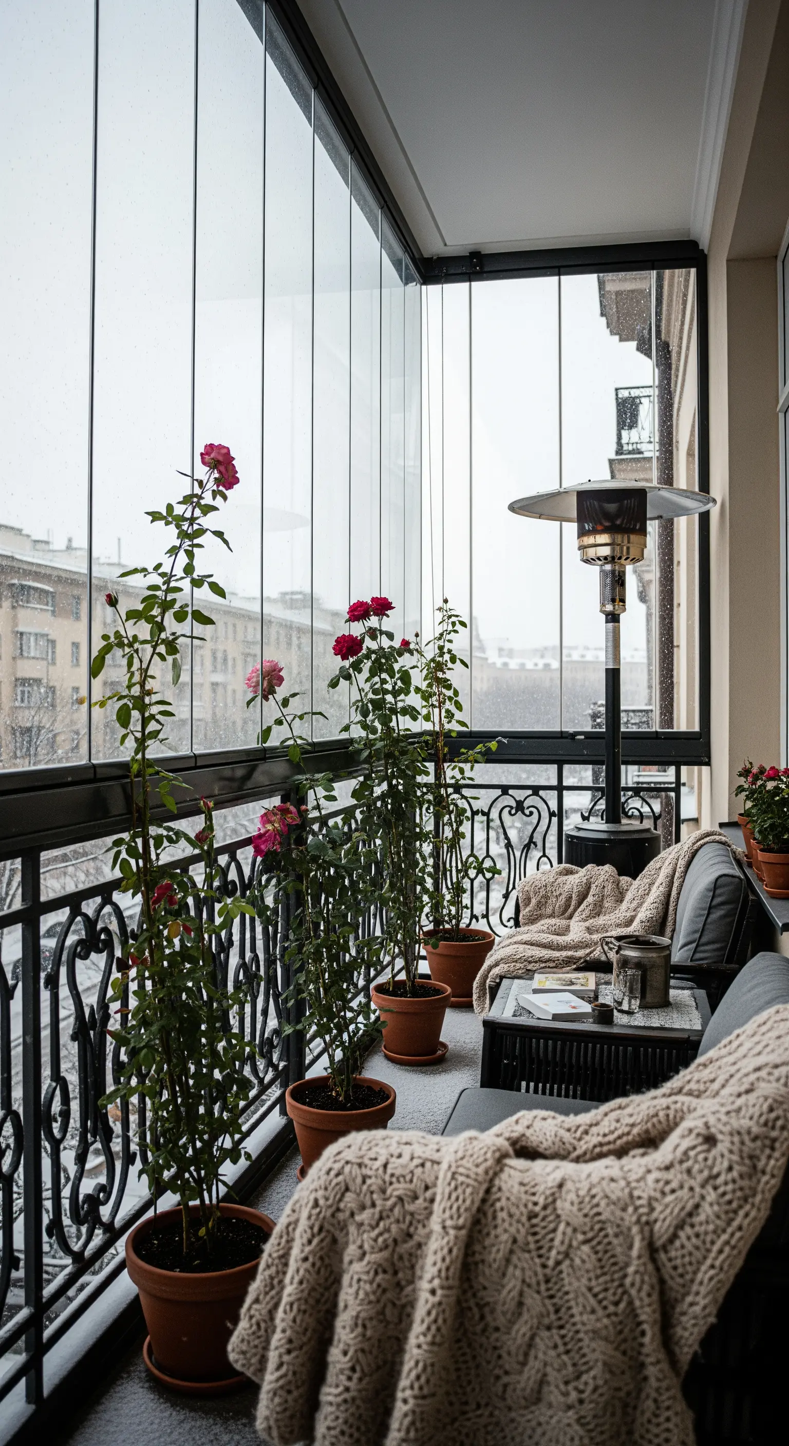 Balcone chiuso da vetrate in inverno, con divano, coperte e piante di rose in vaso.