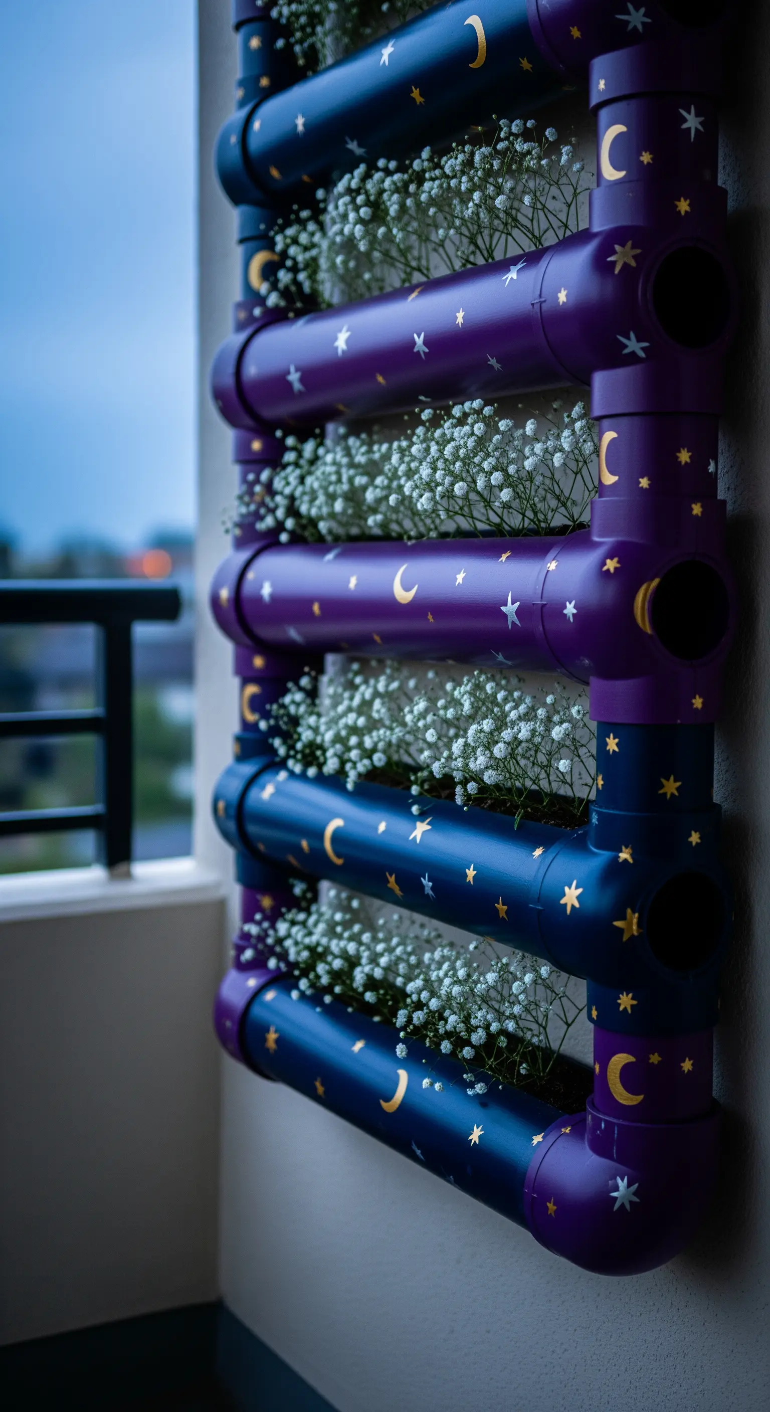 Fioriera viola e blu scuro decorata con piccole lune e stelle dorate.