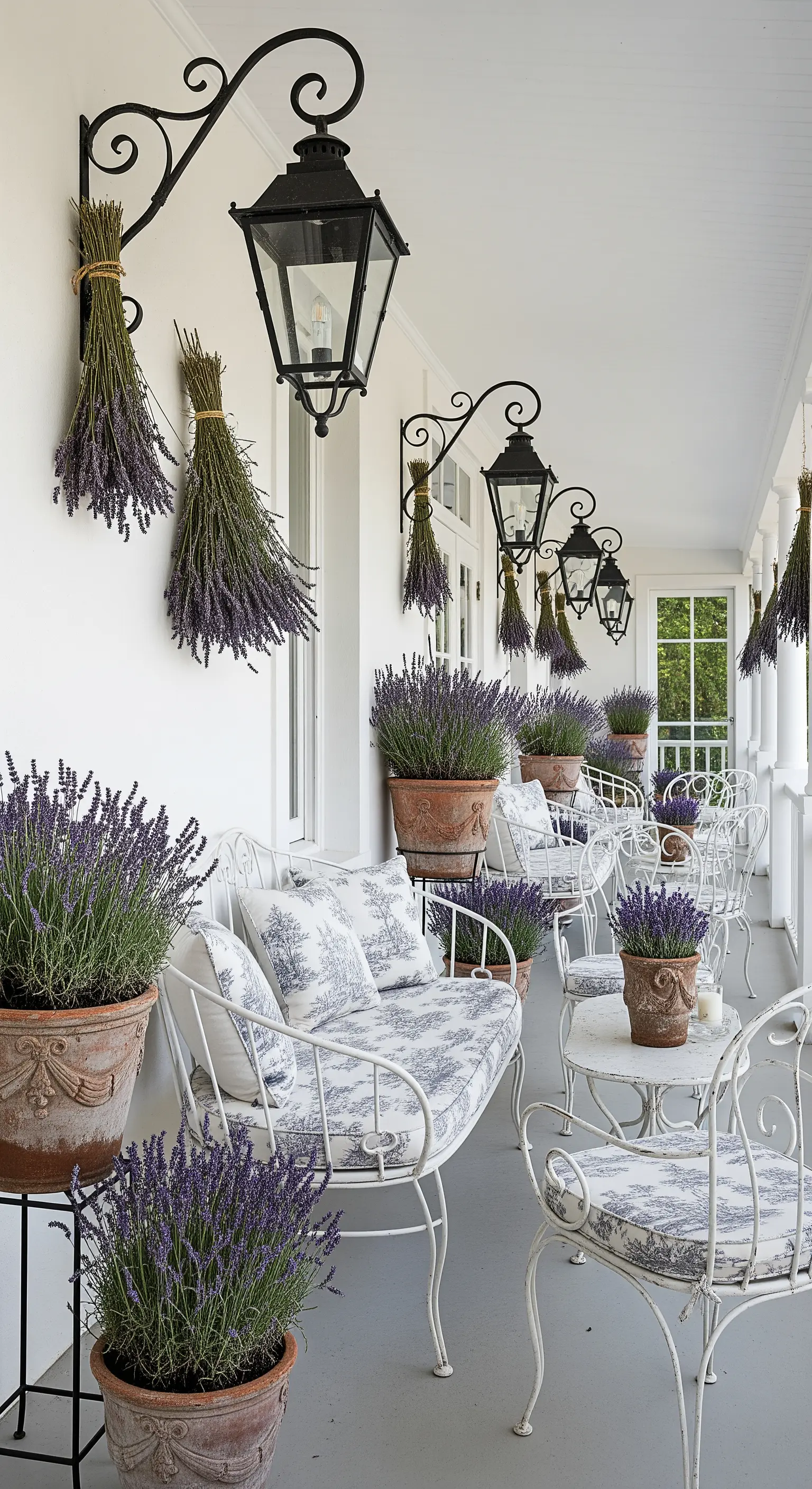 Veranda in stile provenzale con mobili in ferro battuto, lavanda in vaso e appesa.