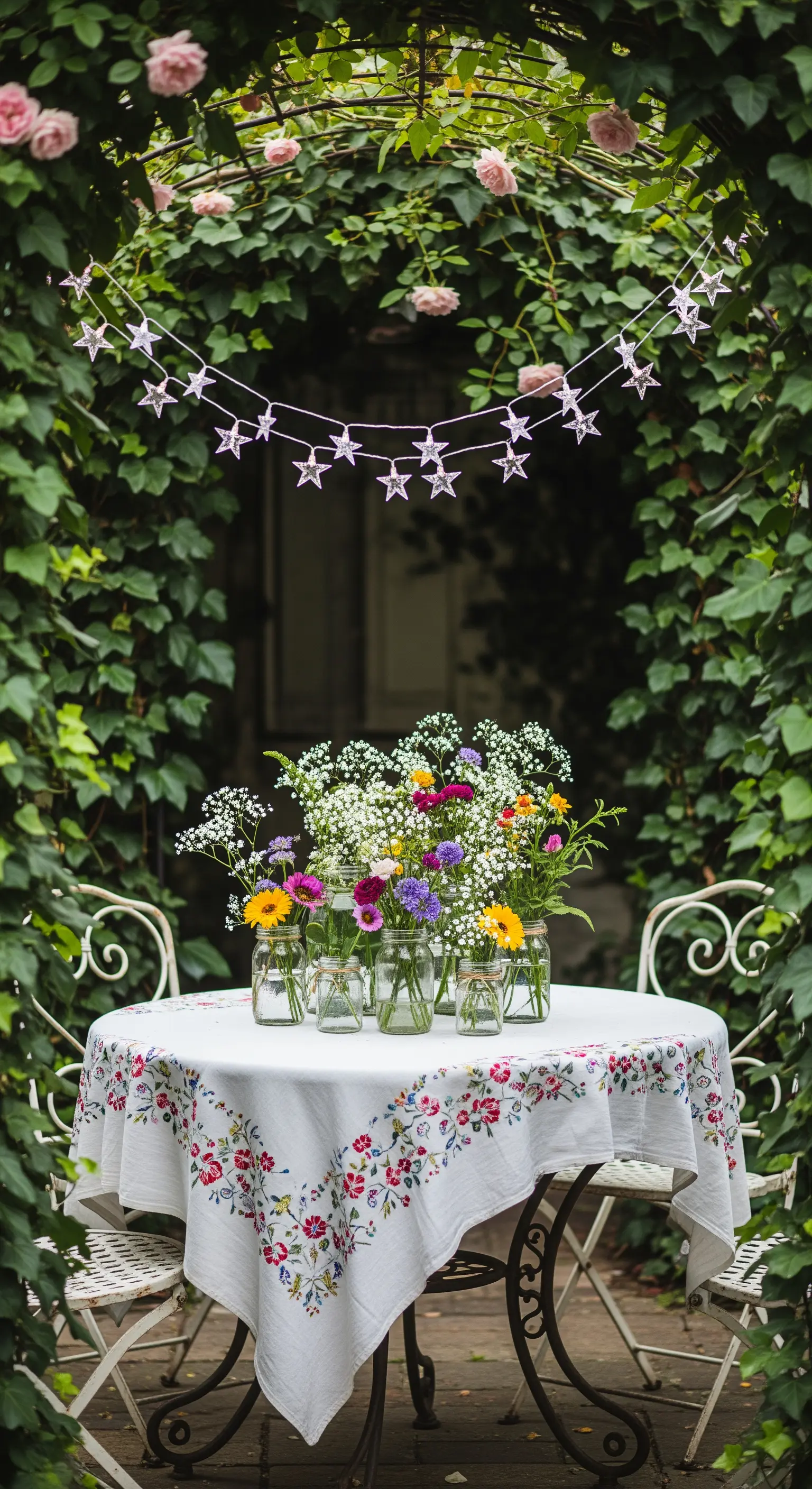 Tavolino da giardino sotto un arco di edera, con tovaglia ricamata e fiori di campo.