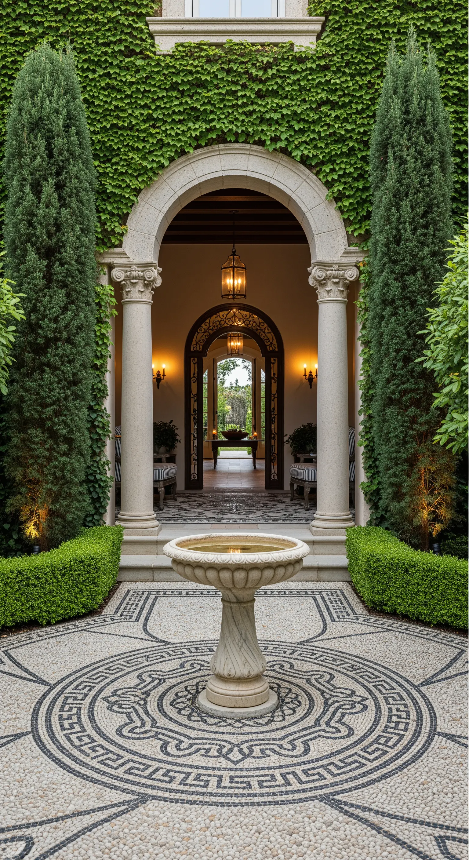 Cortile d'ingresso con pavimento a mosaico greco, fontana a coppa e un arco incorniciato da cipressi