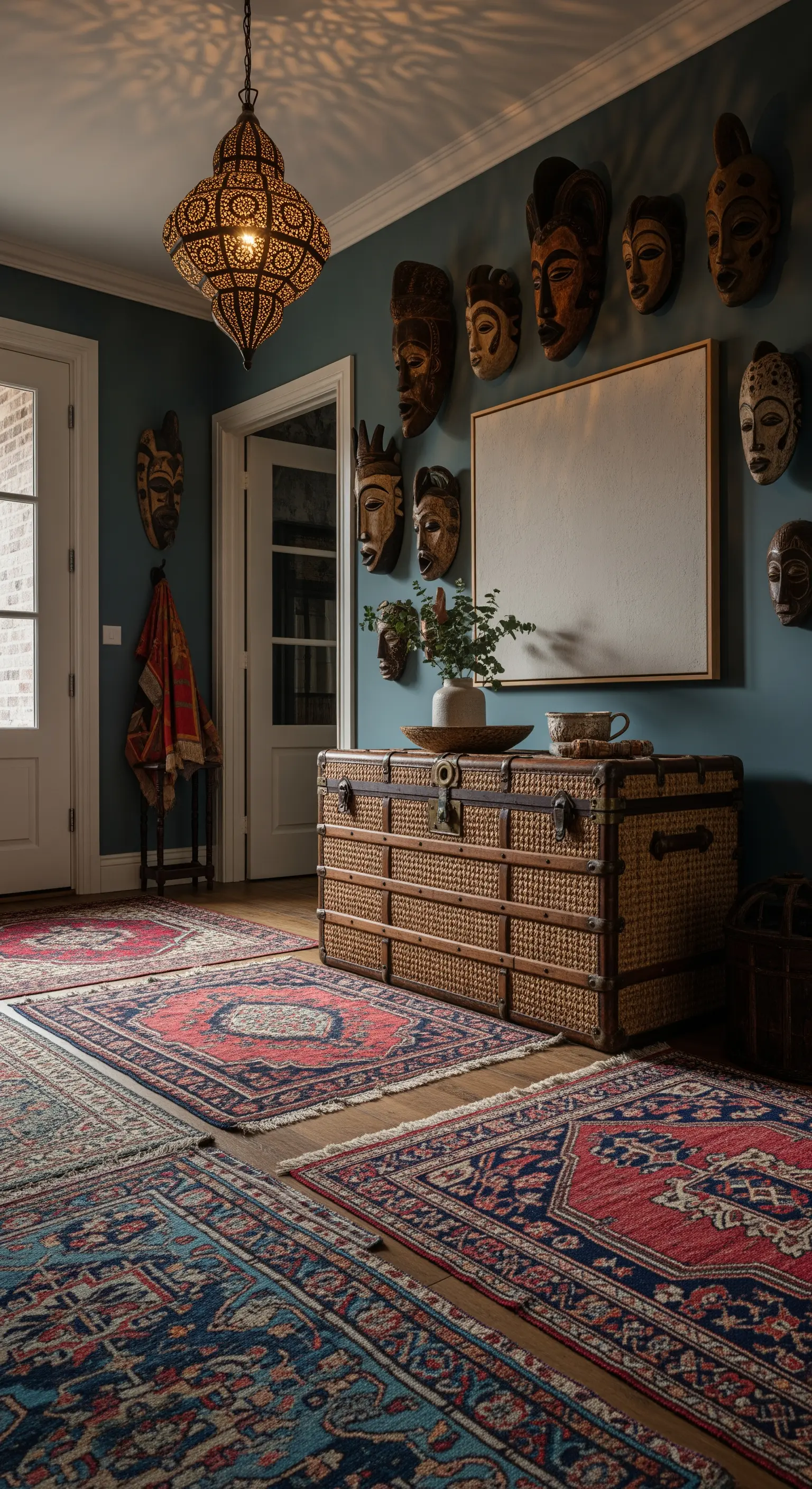 Ingresso eclettico con baule in vimini, maschere africane a parete e tappeti kilim sovrapposti.