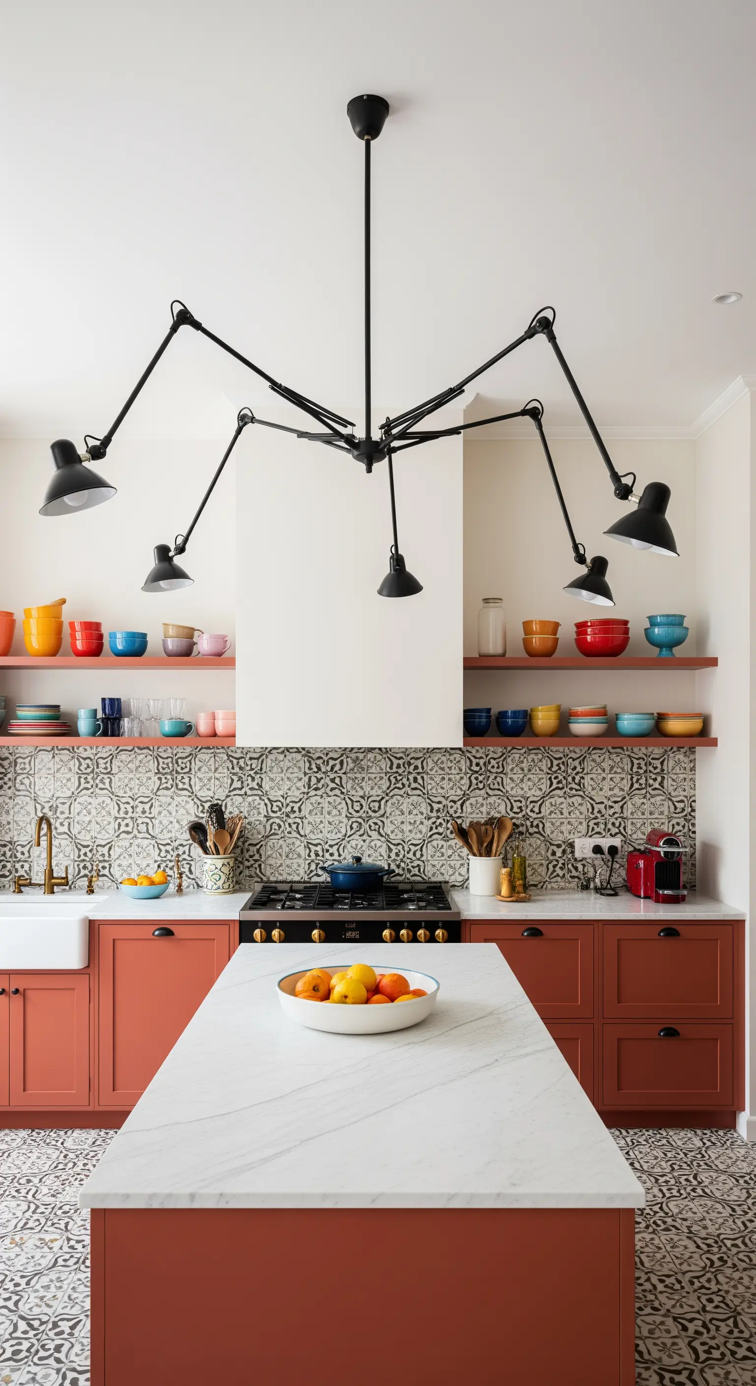 Cucina eclettica con mobili color terracotta, piastrelle decorate e lampadario a ragno.