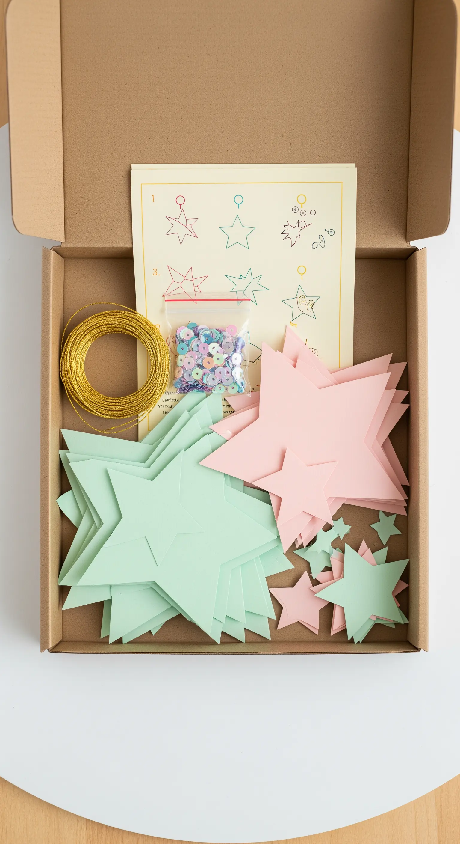 Kit fai-da-te in una scatola di cartone con stelle di carta colorate e filo