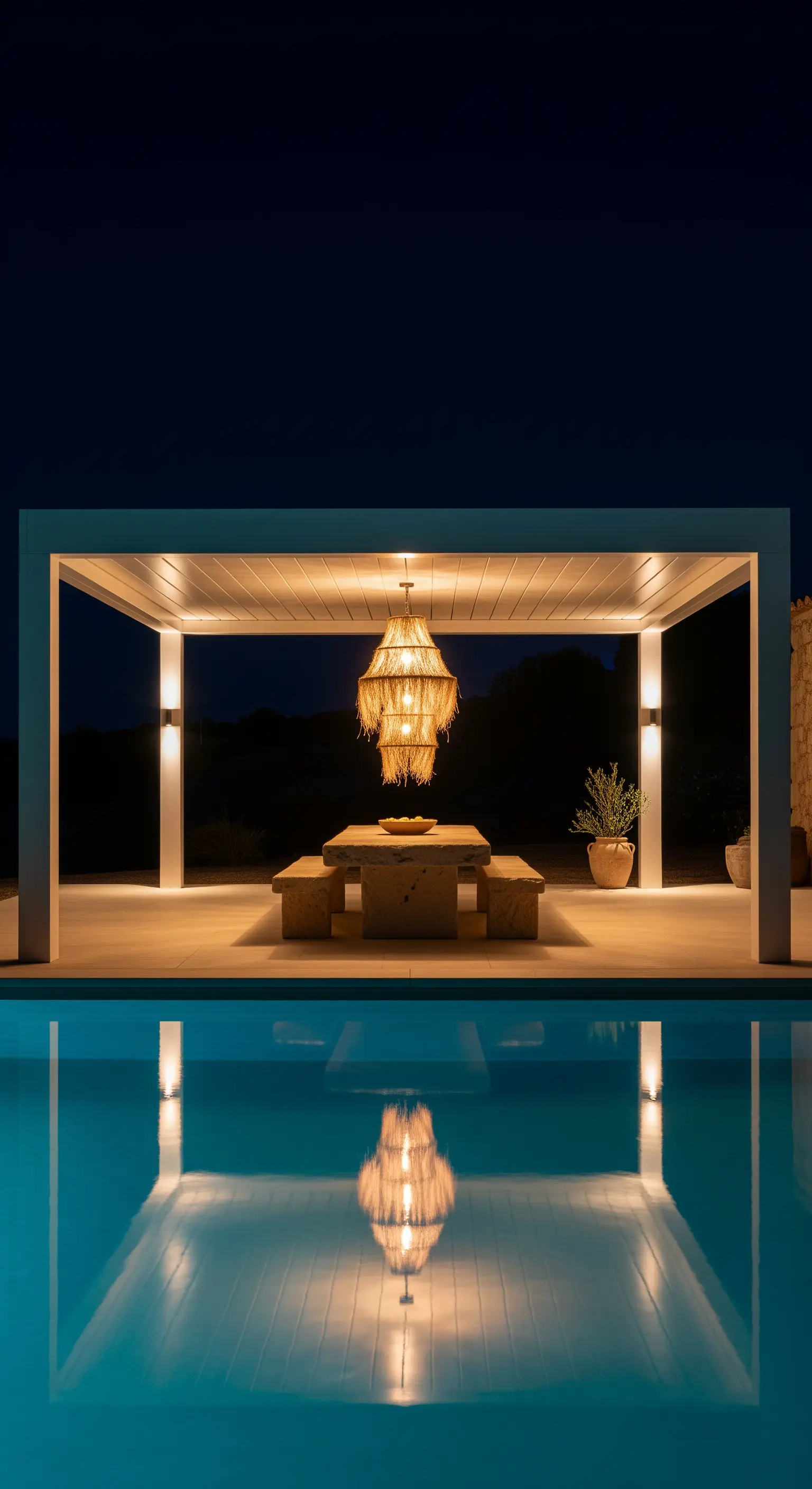 Pergola moderna a bordo piscina con un grande lampadario in rafia sopra un tavolo in pietra.