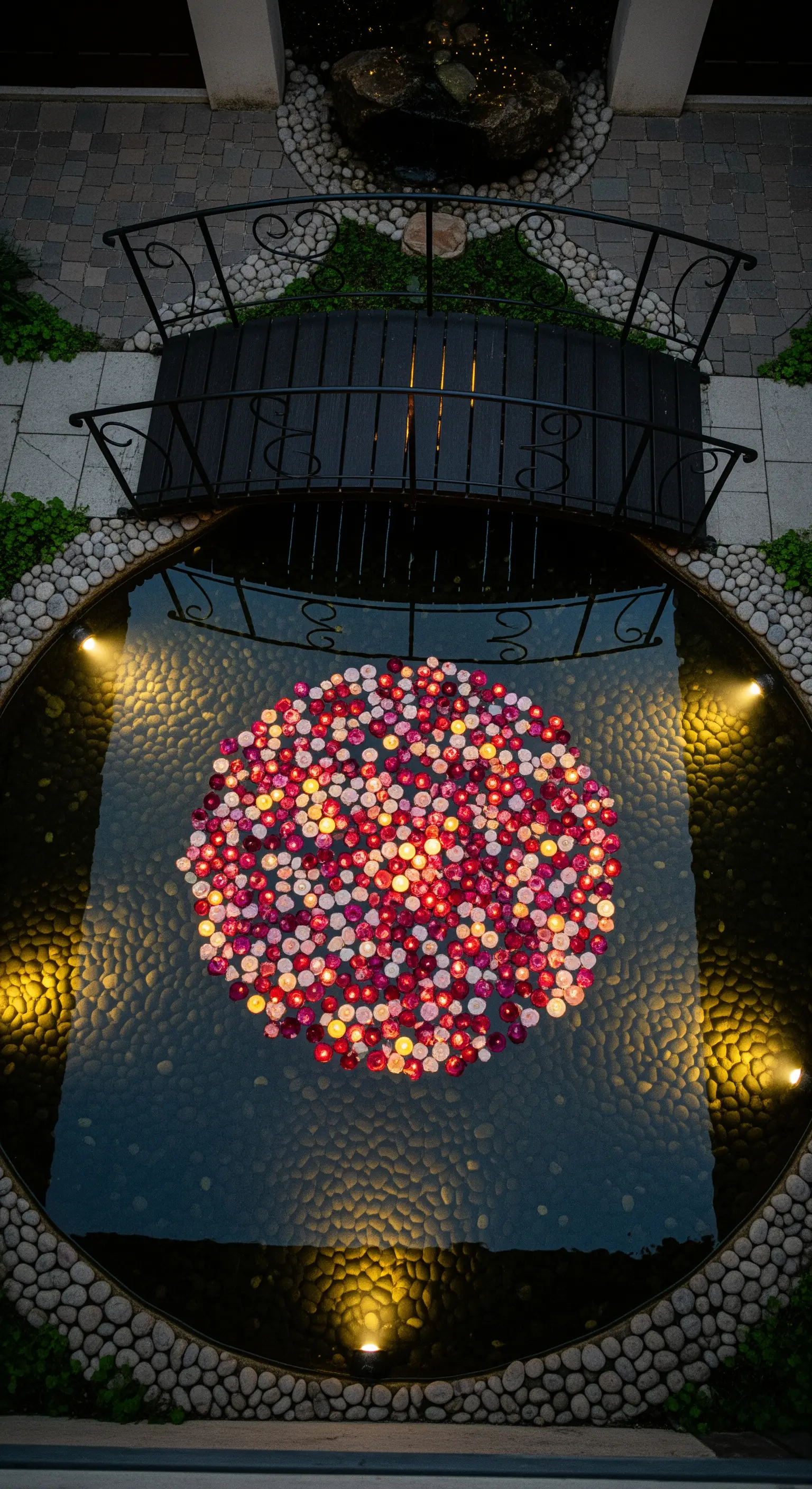 Vista dall'alto di un laghetto circolare con un'installazione di candele galleggianti colorate.