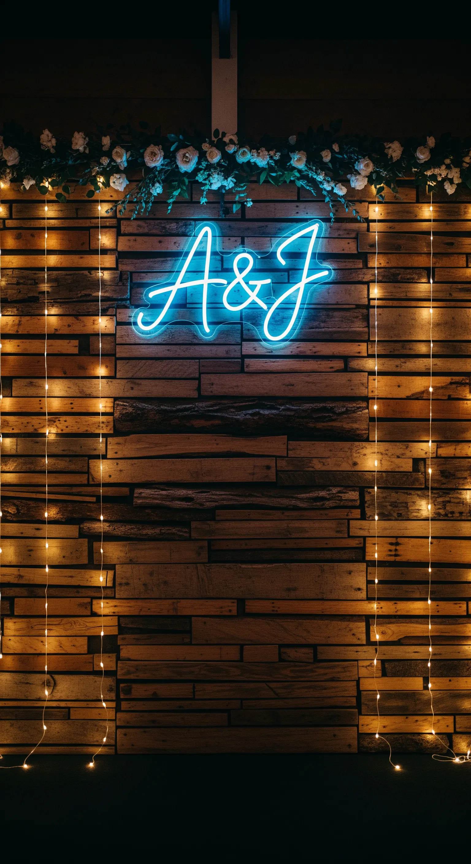 Insegna al neon con iniziali su una parete di legno rustico, decorata con lucine.