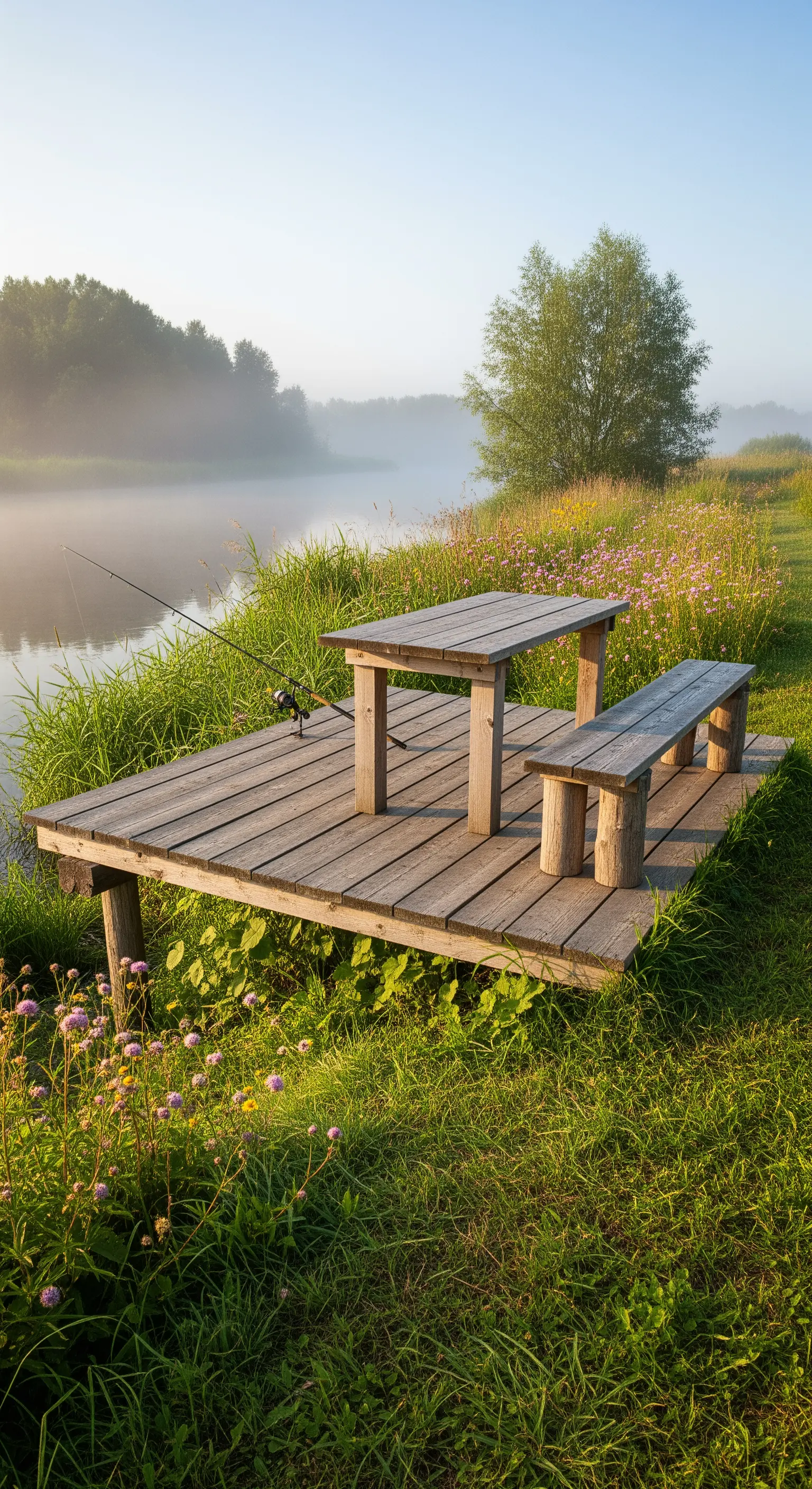 Piccolo molo in legno con tavolo e panca sulla riva di un fiume avvolto dalla nebbia.