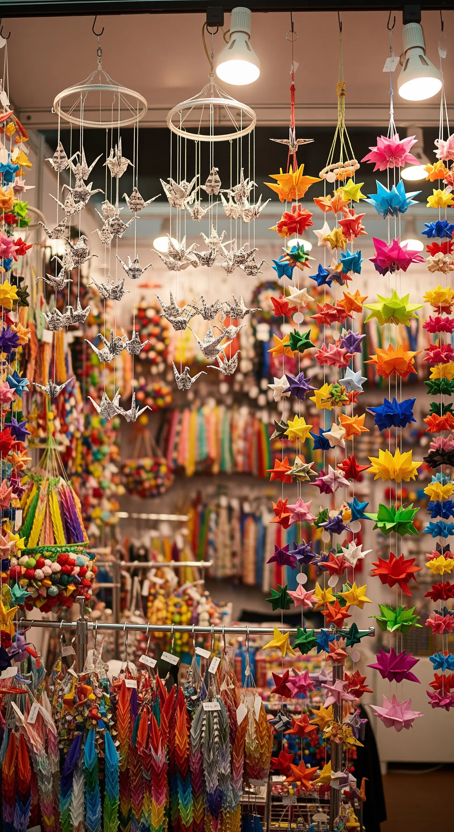 Stand di un mercato pieno di diverse decorazioni sospese di origami colorati.