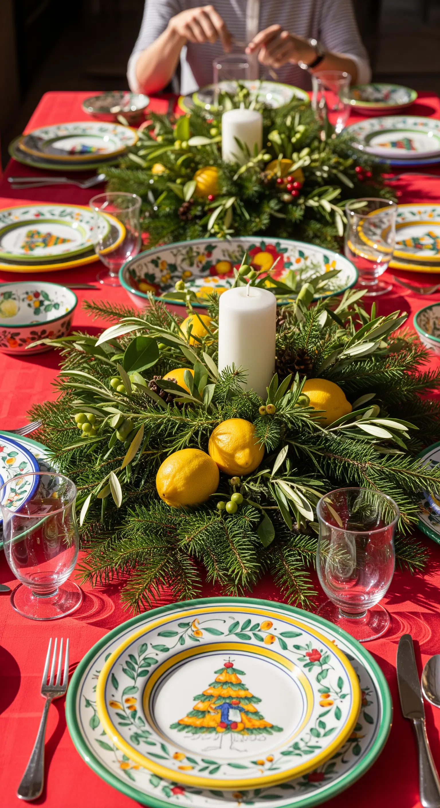 Tavola di Natale mediterranea con tovaglia rossa, centrotavola di pino e limoni, e piatti dipinti.