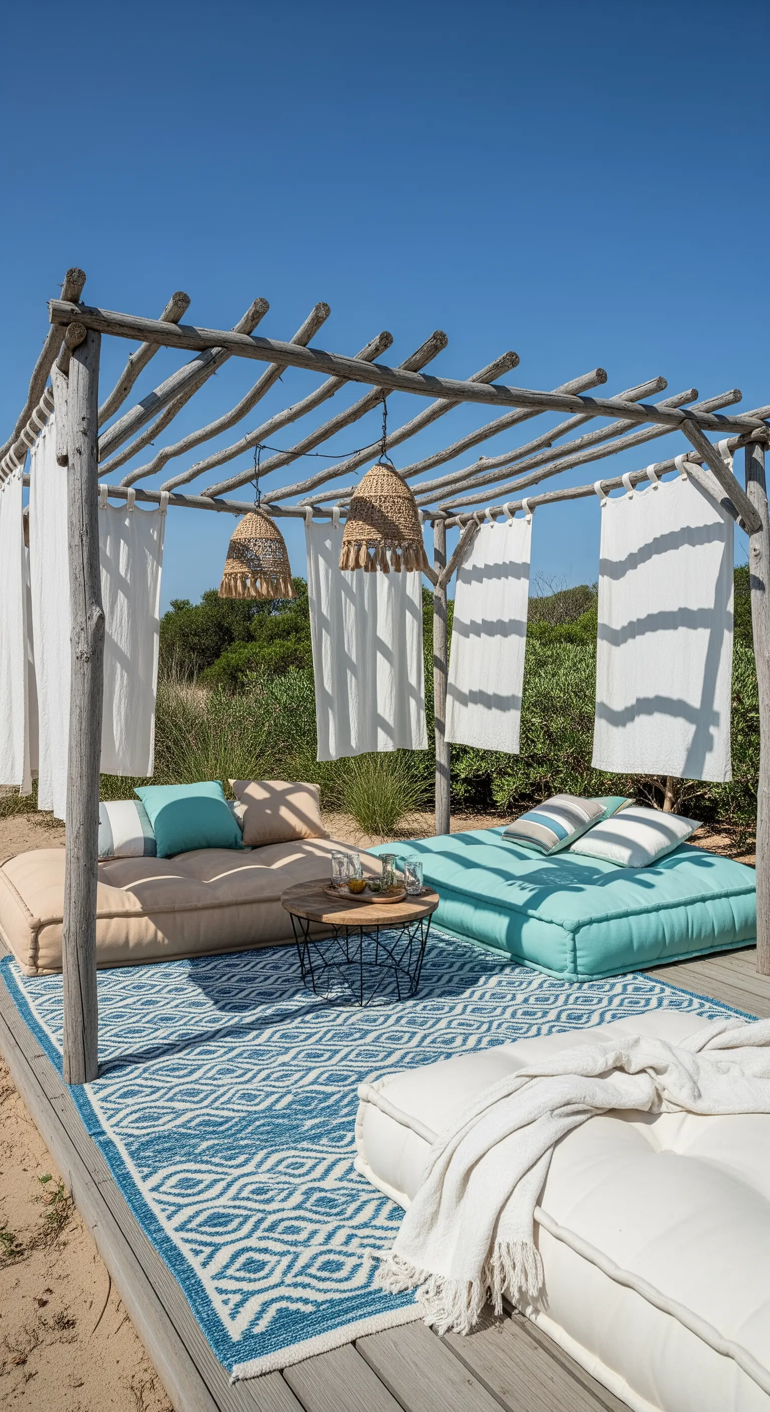 Pergolato rustico sulla spiaggia con materassi da terra e tappeto blu geometrico.