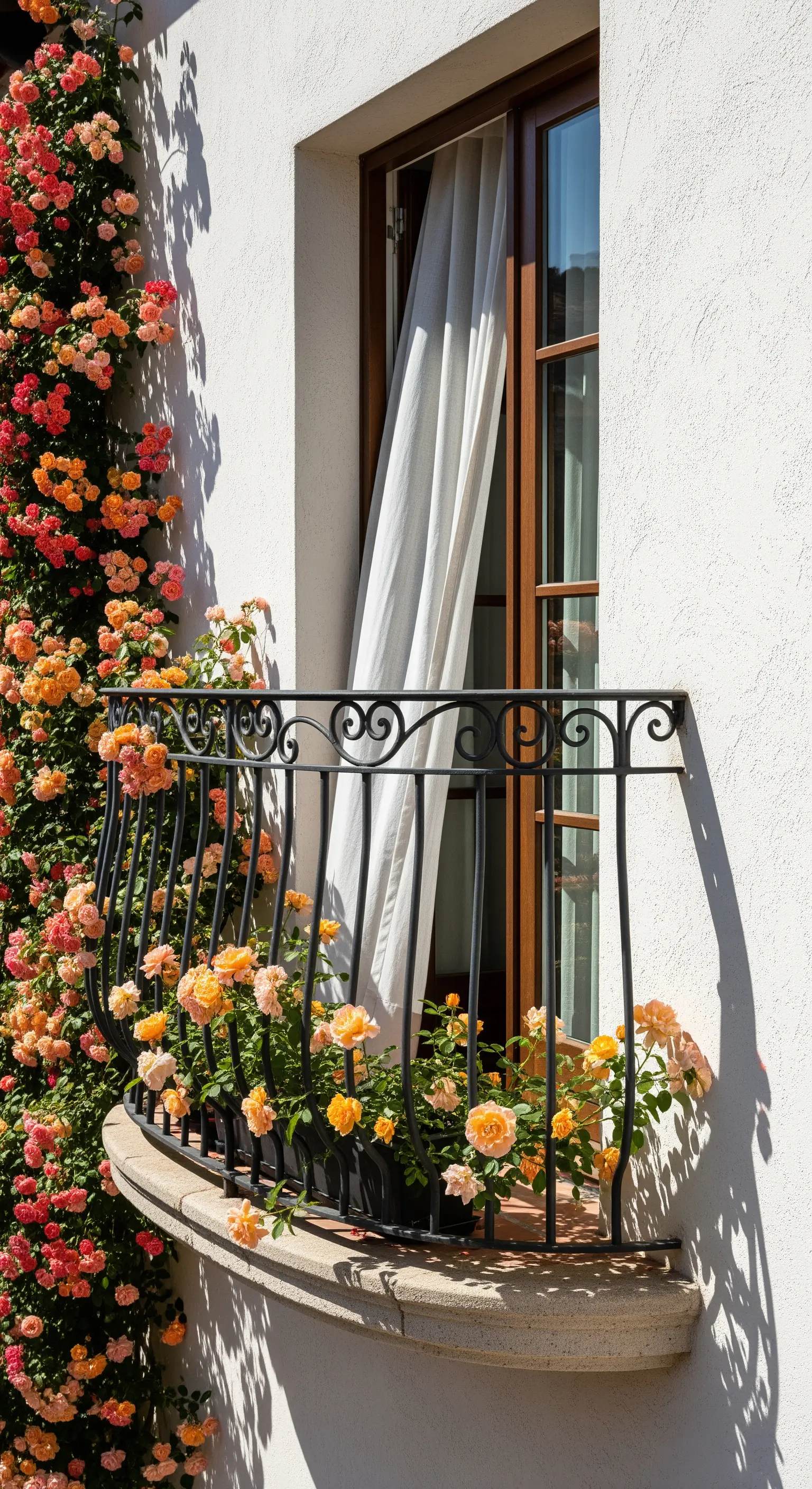 Piccolo balcone curvo in ferro battuto con rose rampicanti color pesca-arancio.