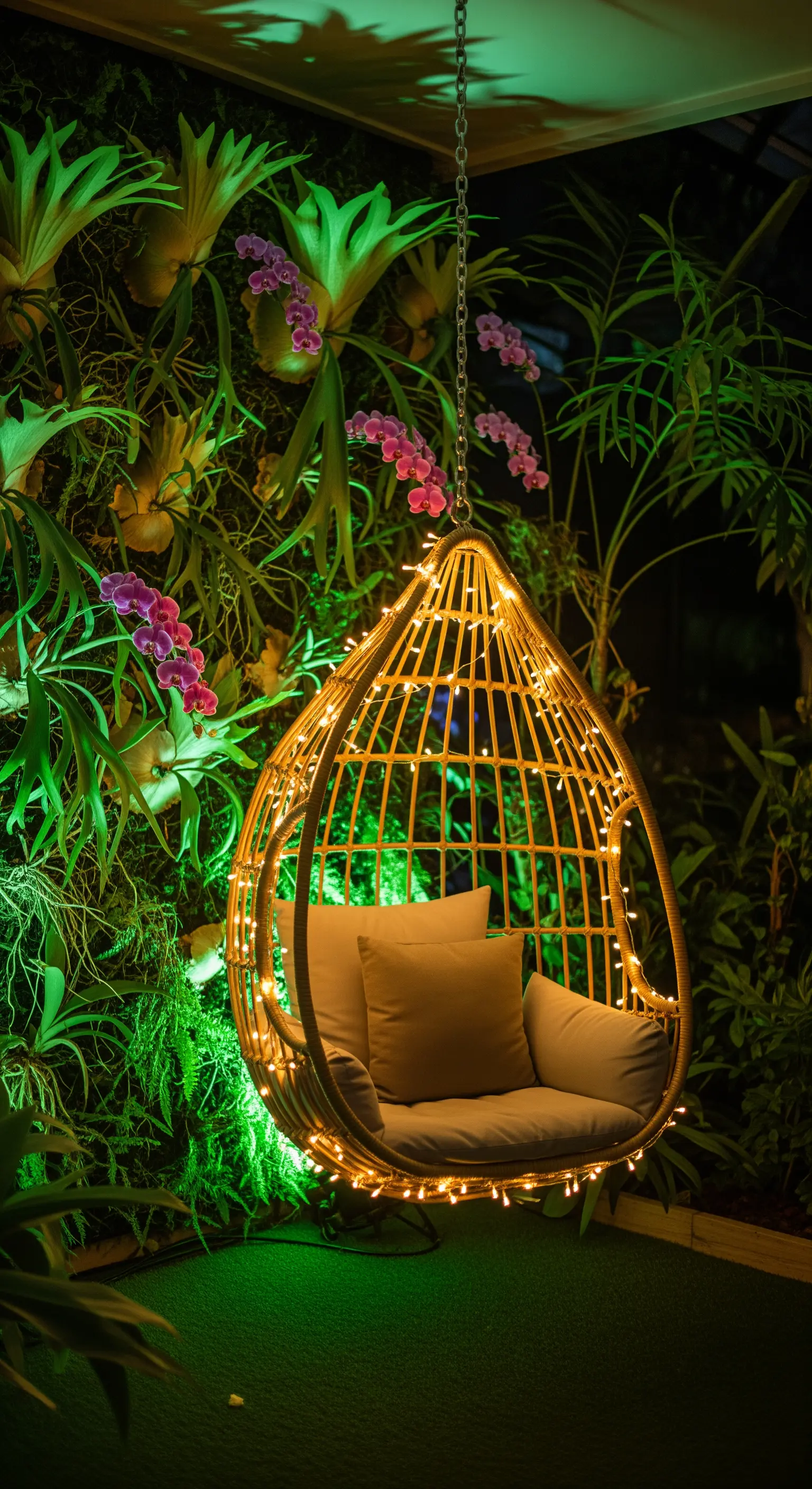 Poltrona sospesa in rattan, avvolta in lucine calde, di fronte a una parete di piante tropicali.