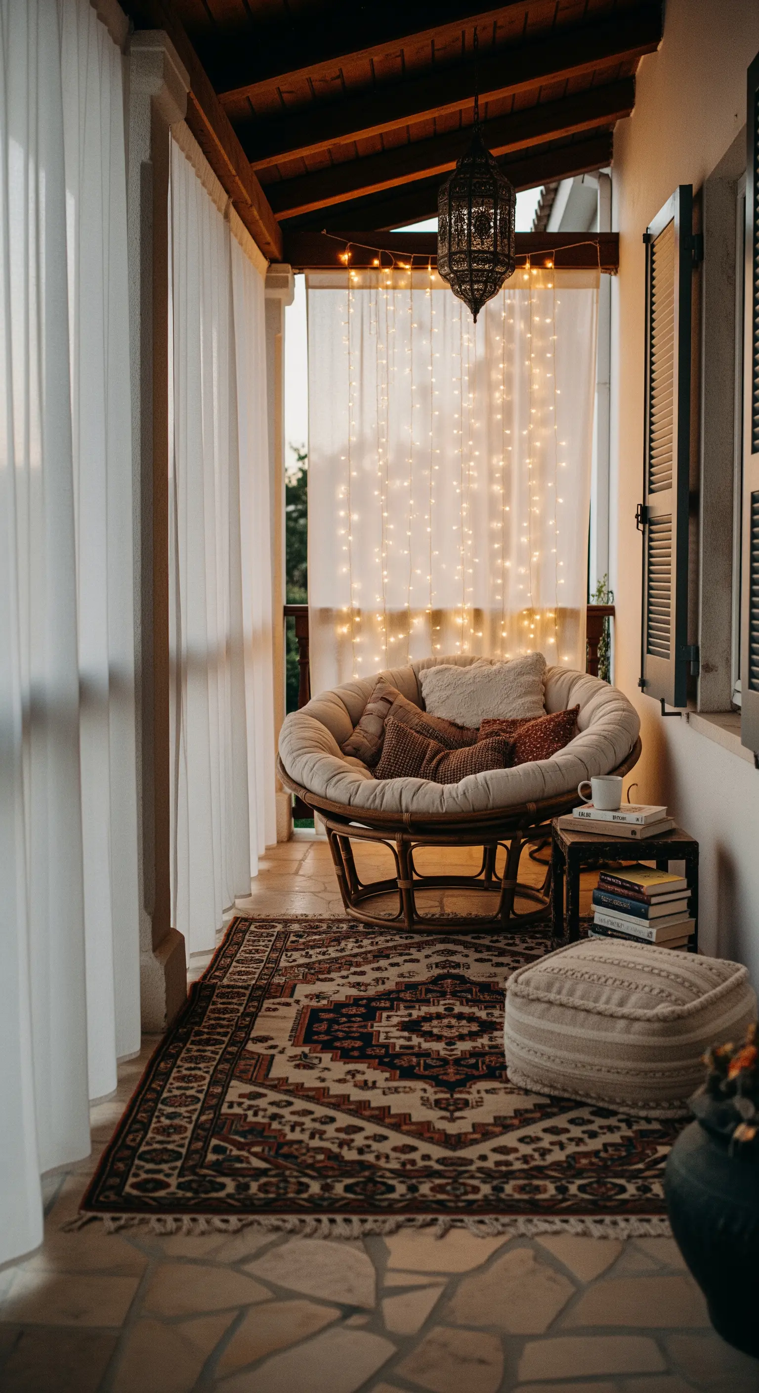 Angolo lettura in veranda con poltrona Papasan, tappeto persiano e tenda di luci.