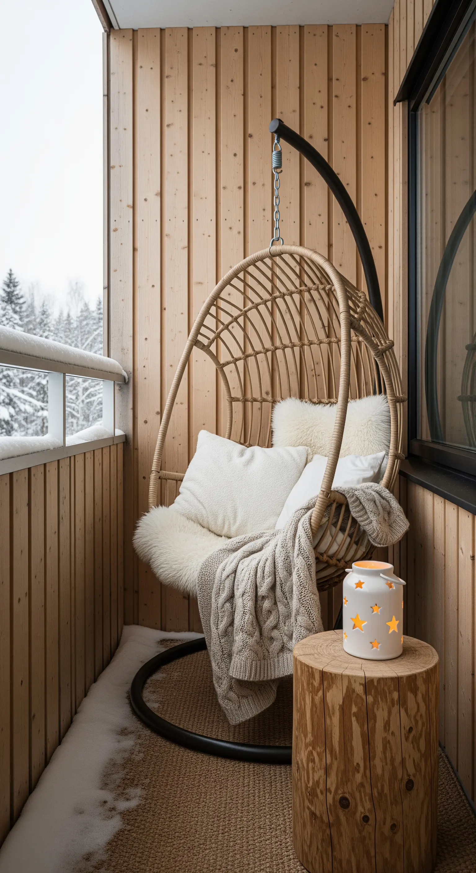 Poltrona sospesa in rattan su un balcone innevato, con pelle di pecora e plaid.
