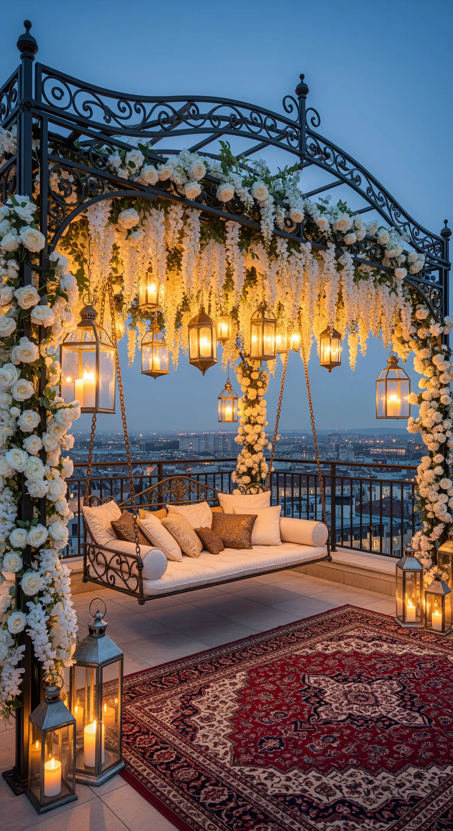 Terrazza panoramica con un dondolo in ferro battuto decorato con fiori bianchi e lanterne.