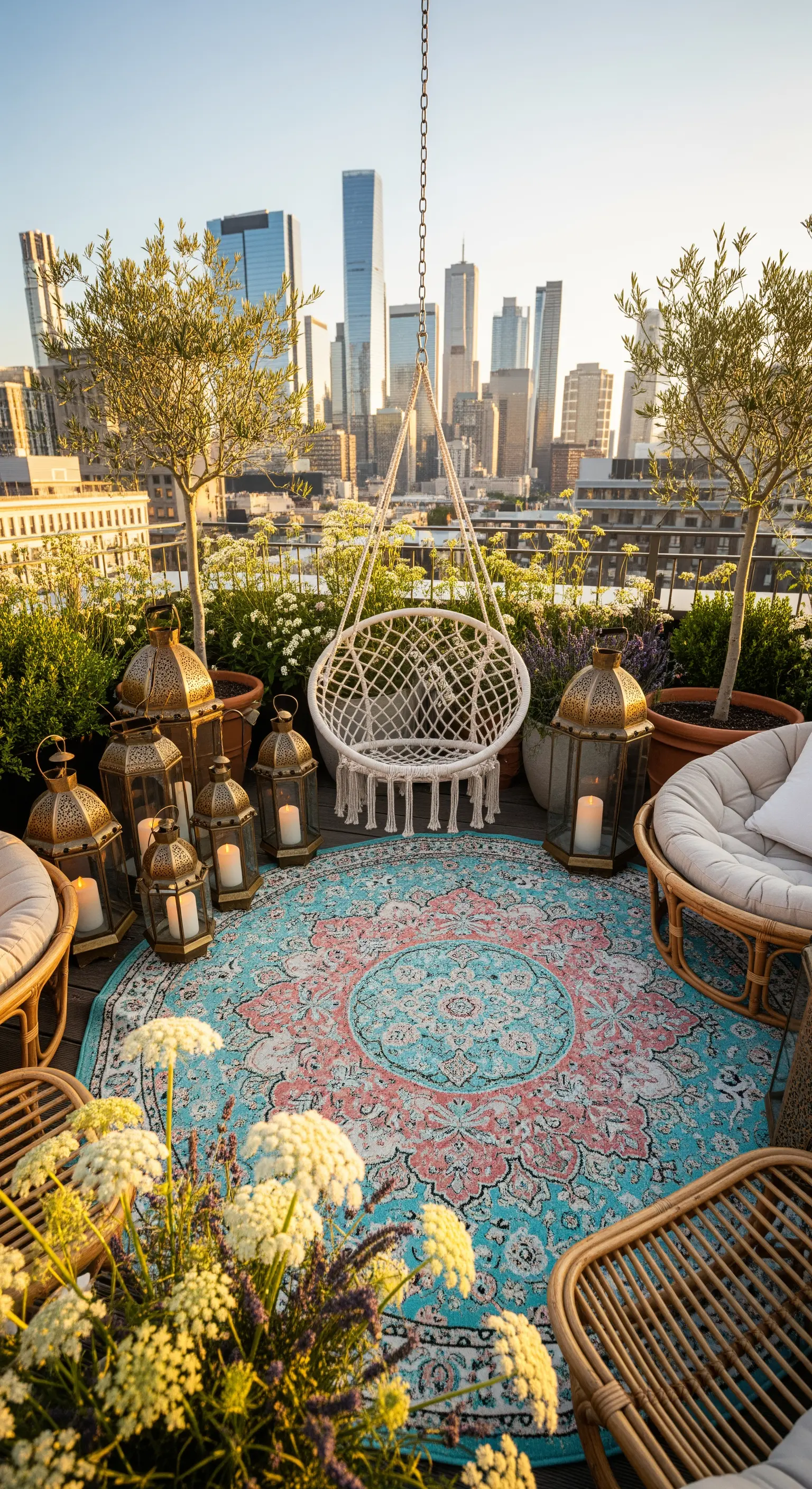 Terrazza panoramica con sedia sospesa in macramè, tappeto etnico e lanterne marocchine.