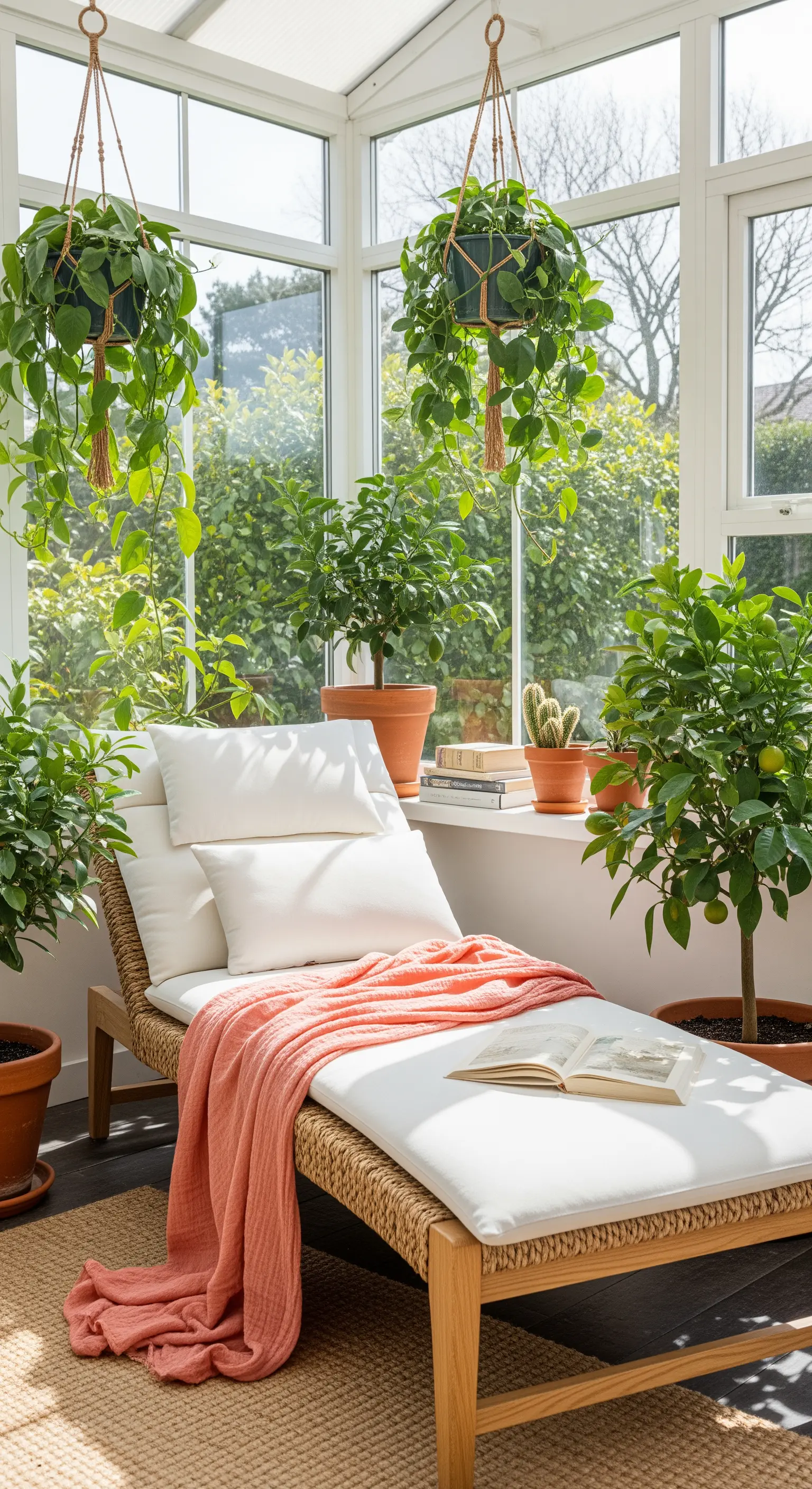 Chaise longue in legno e corda in una veranda piena di piante verdi, con una coperta color corallo.
