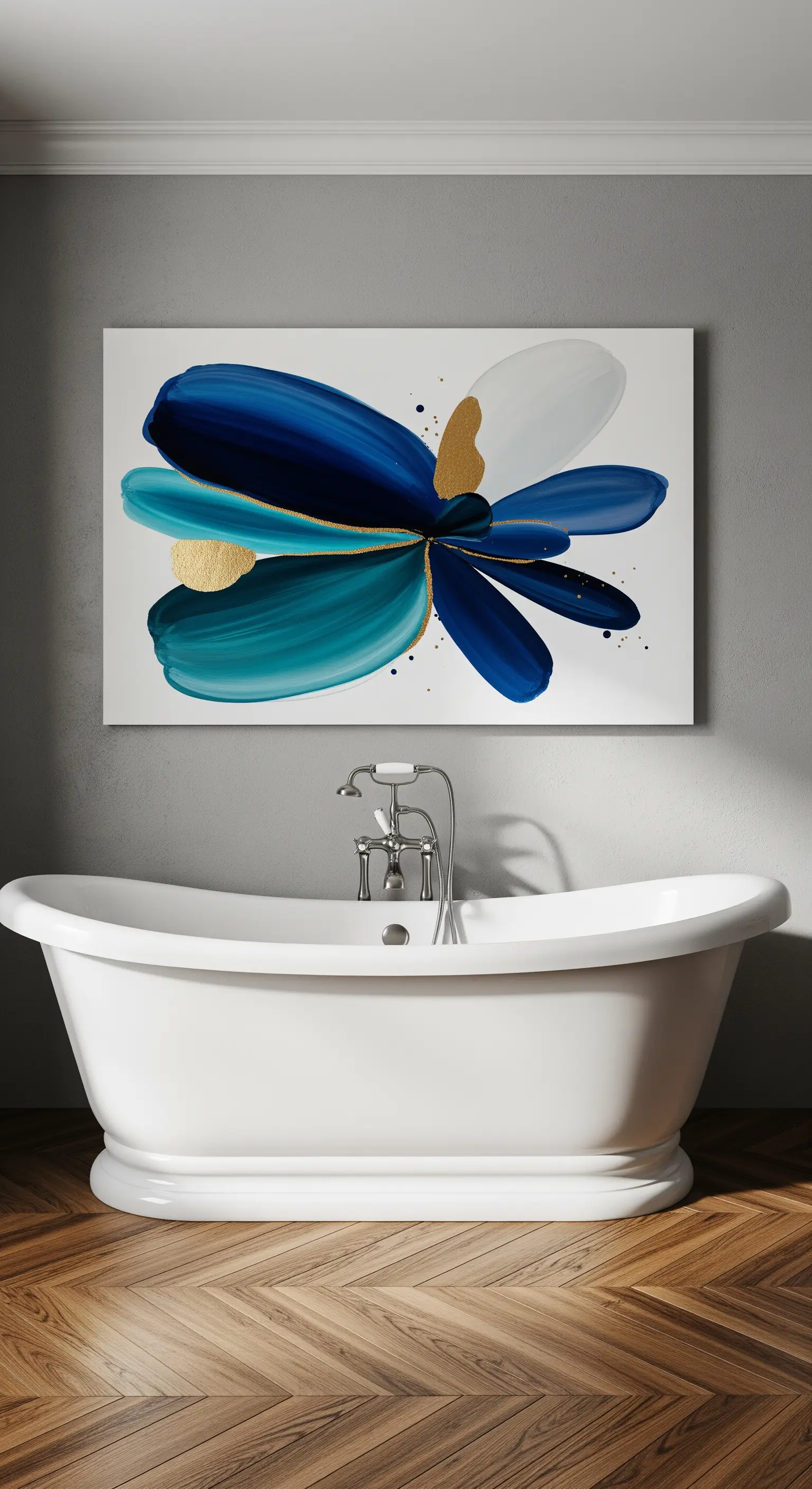 Vasca da bagno classica in stile vittoriano con un grande quadro astratto blu e oro appeso sopra.