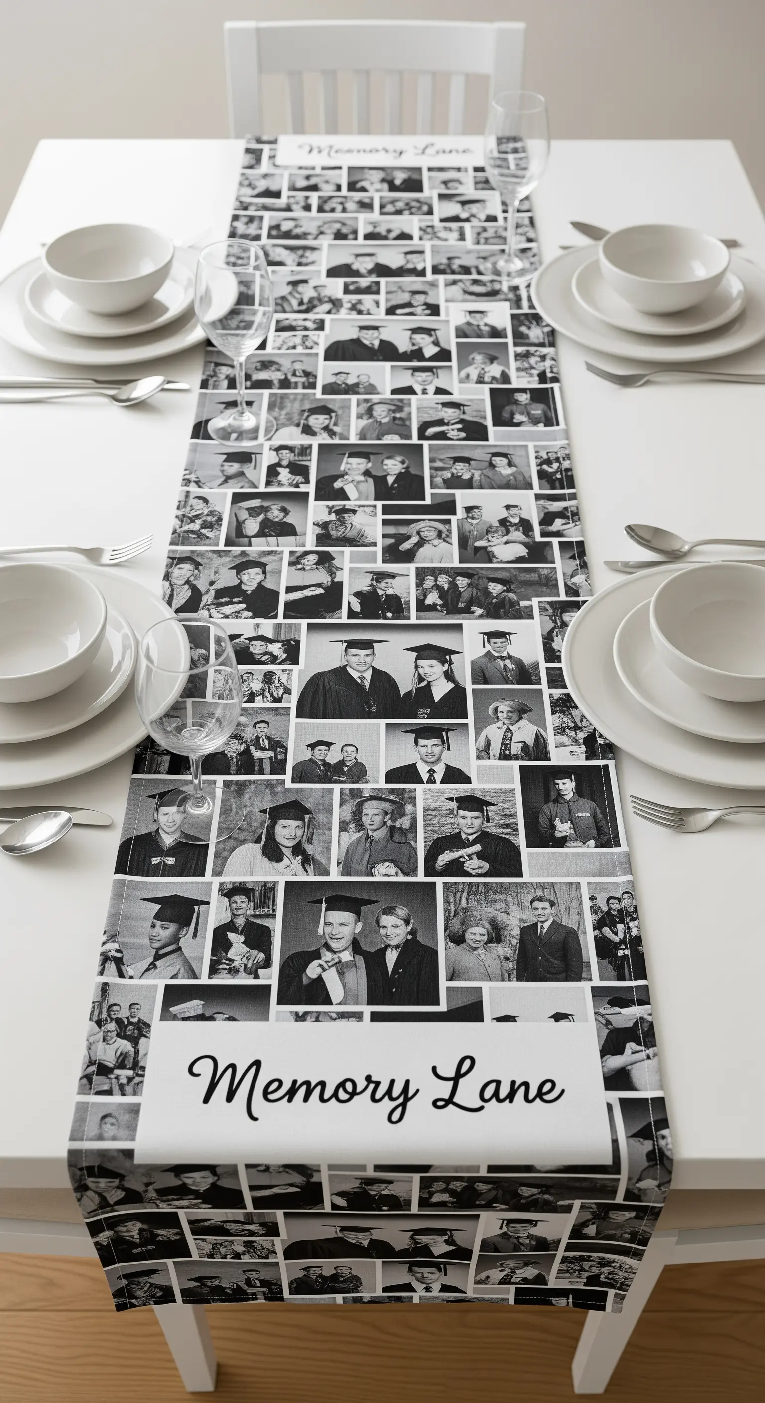 Runner da tavola personalizzato con un collage di fotografie in bianco e nero del laureato