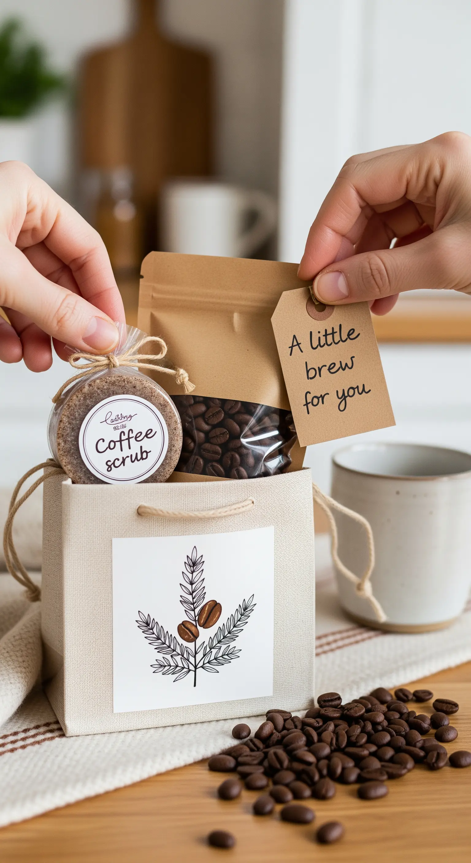 Kit regalo fai da te con caffè in grani e scrub al caffè in una shopper di tela.
