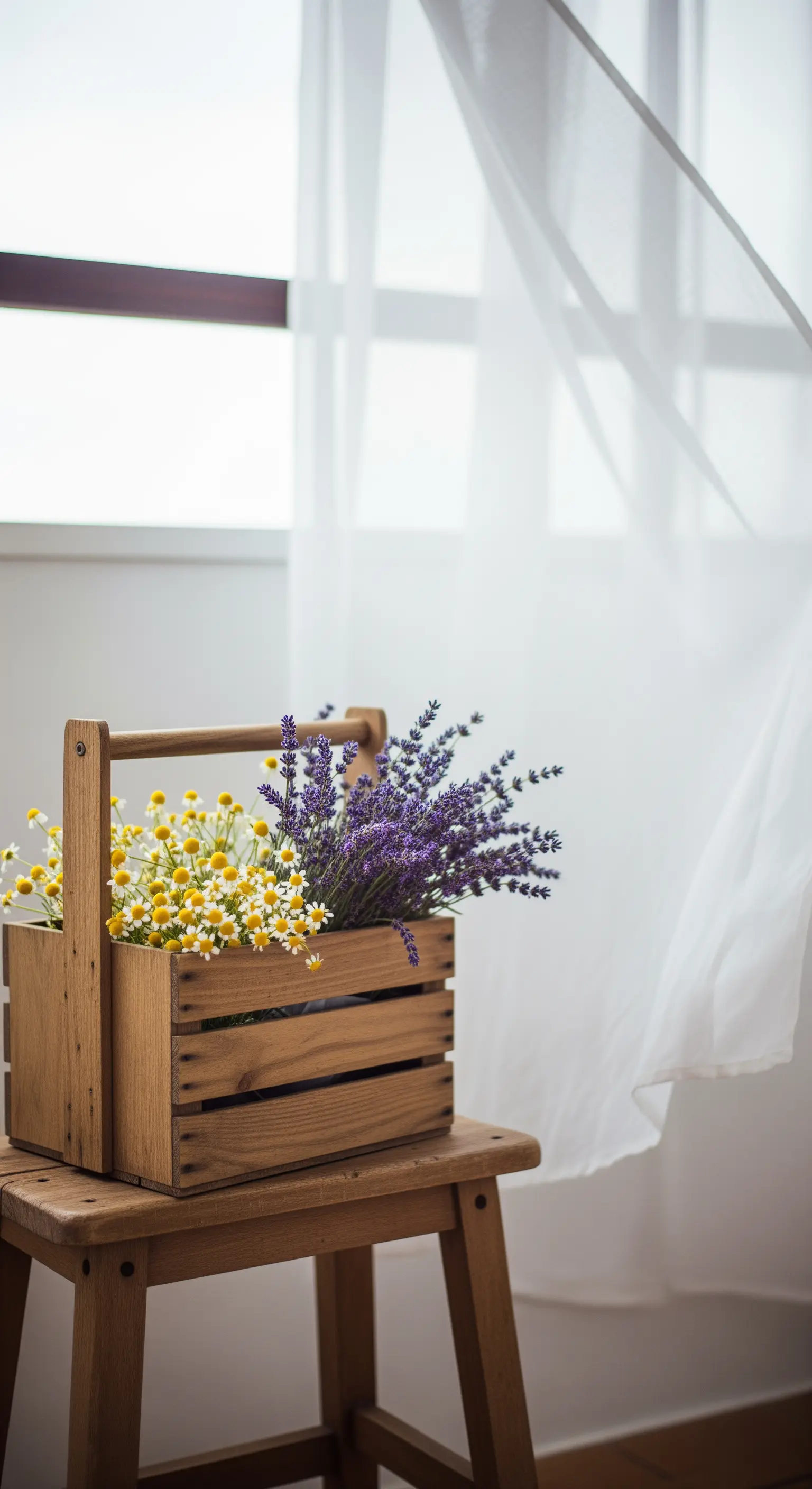 Cassetta di legno con lavanda e camomilla appoggiata su uno sgabello vicino a una finestra.