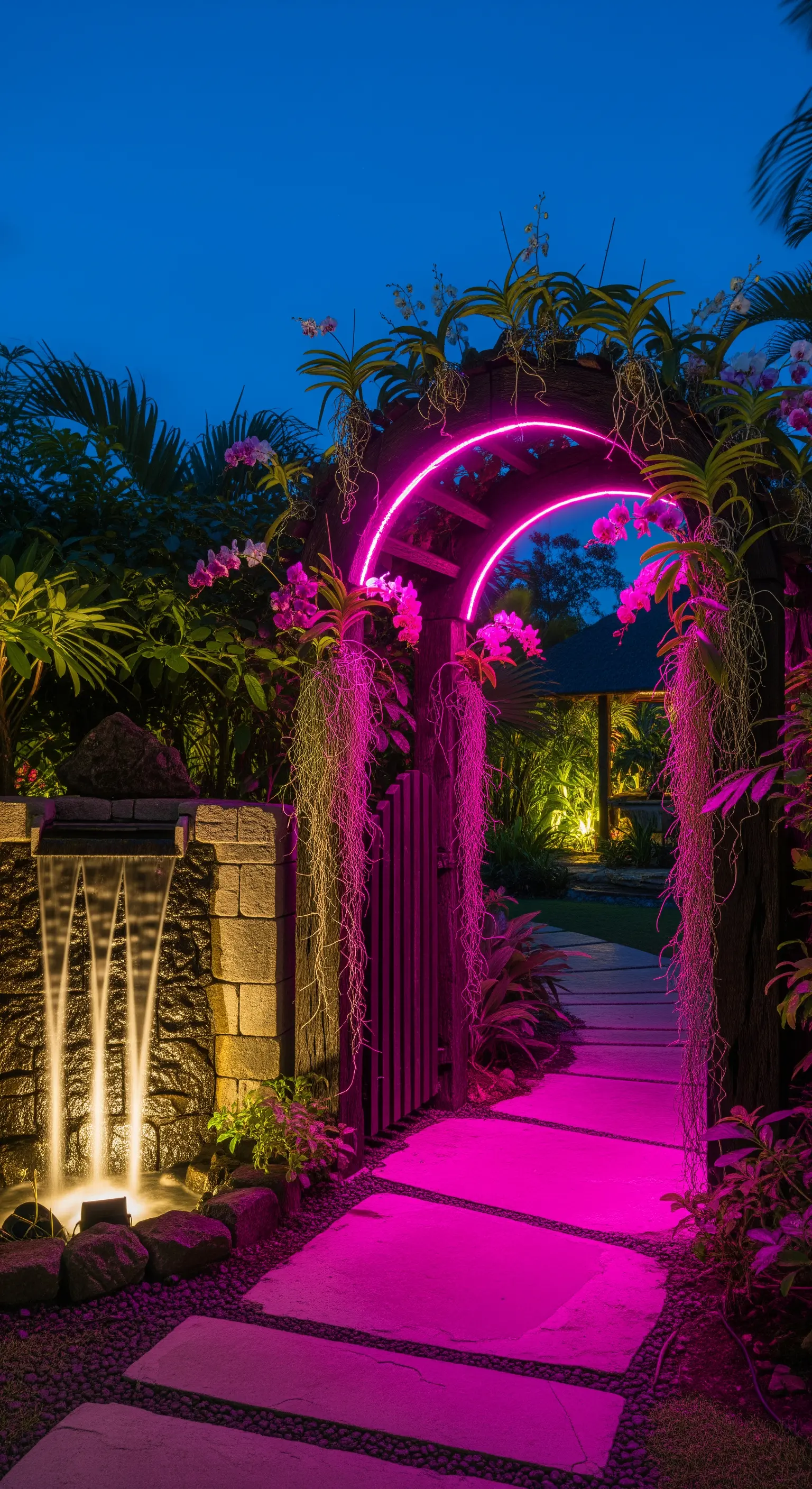 Arco di legno all'ingresso di un giardino, delineato da una luce al neon rosa e affiancato da una cascata.