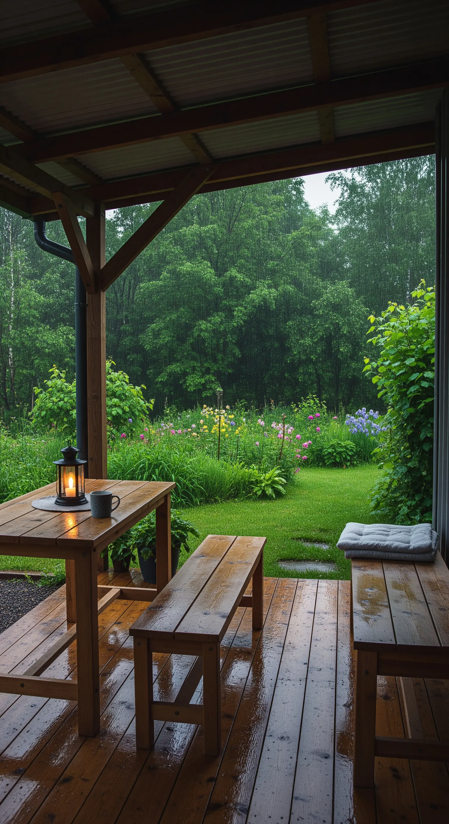 Portico in legno con tavolo e panche durante una giornata di pioggia, con vista sul giardino.