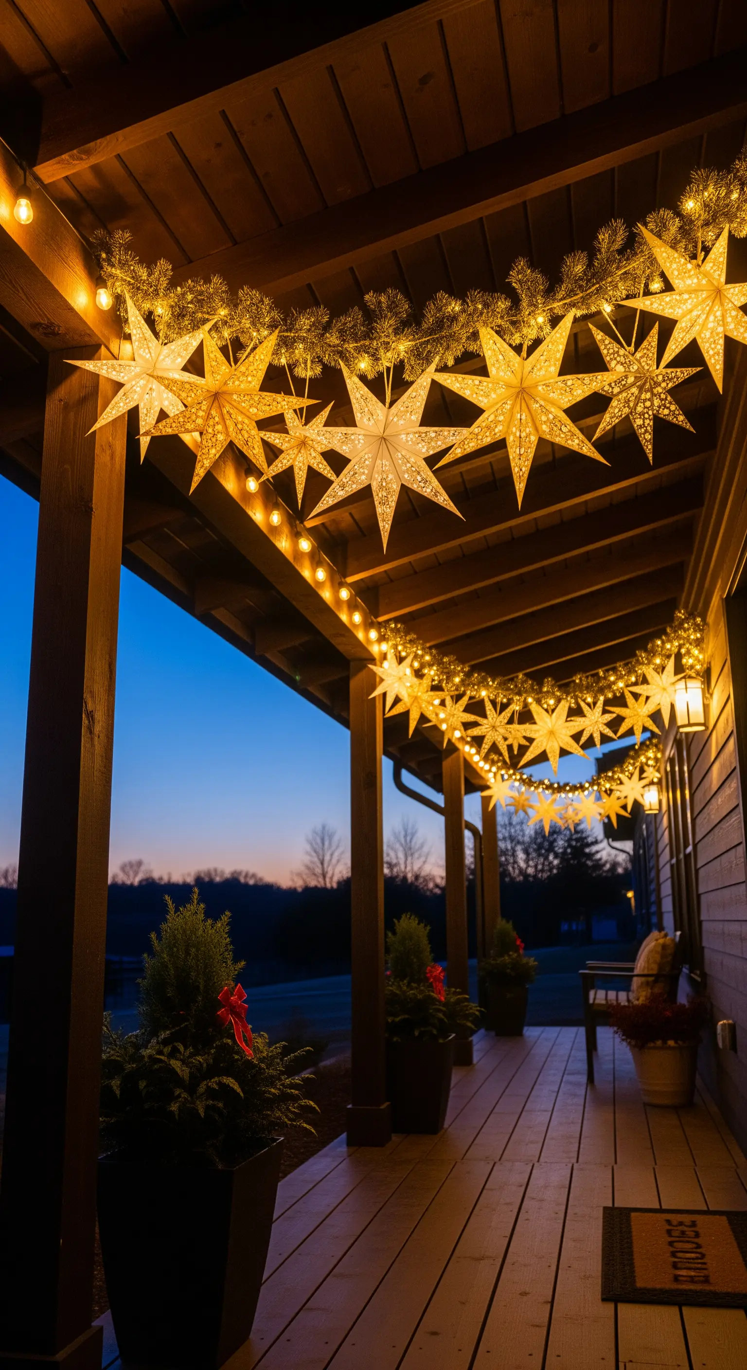 Portico in legno decorato per Natale con una ghirlanda di stelle di carta luminose