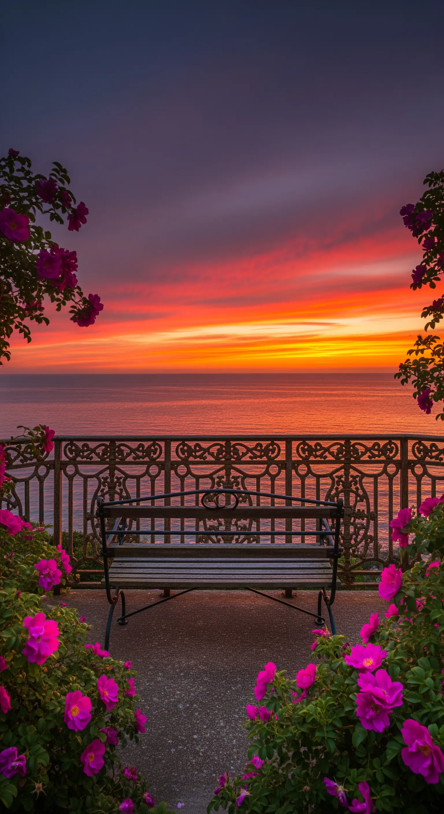 Panca in ferro battuto su un balcone affacciato sul mare durante un tramonto colorato.