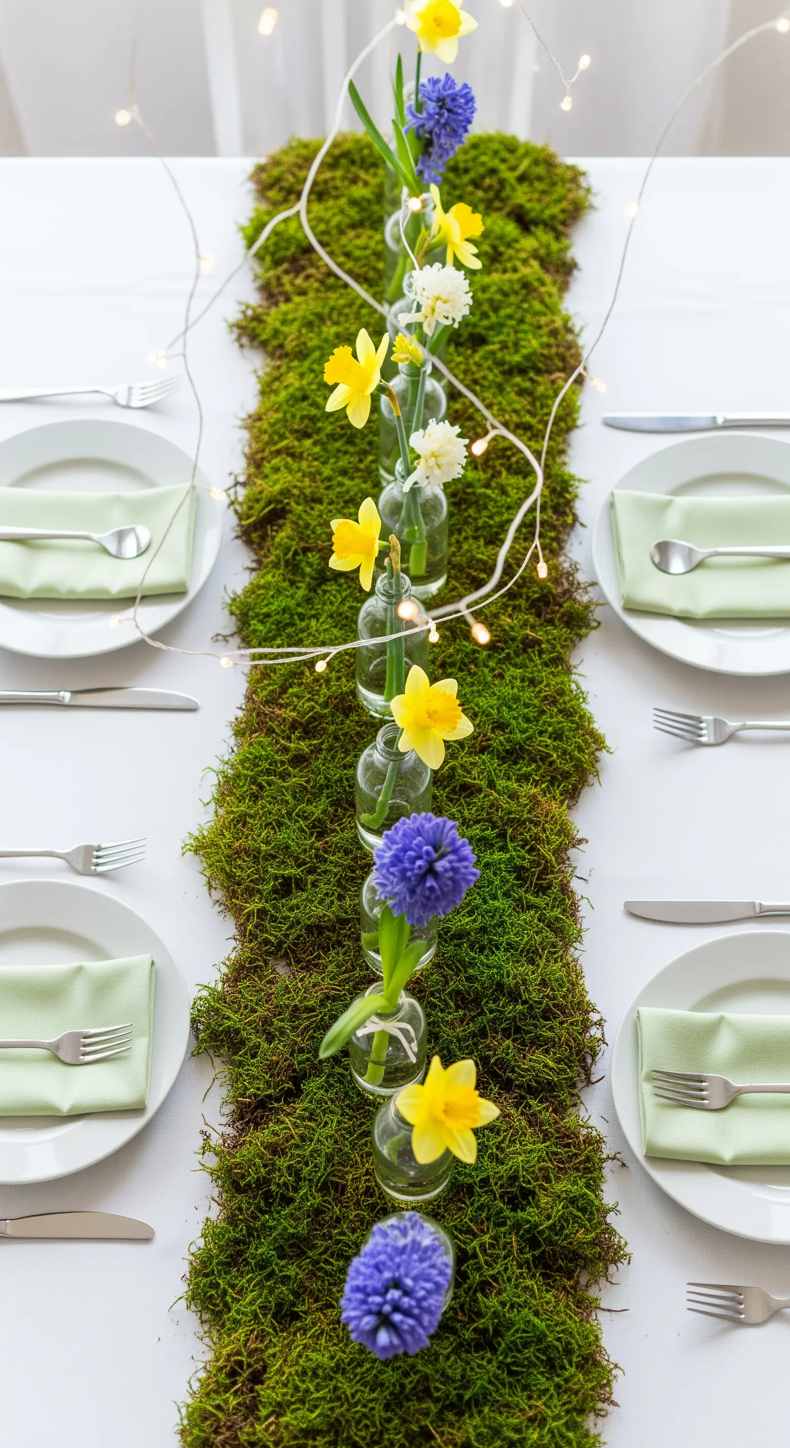 Runner di muschio decorato con piccoli vasi di fiori primaverili e lucine.