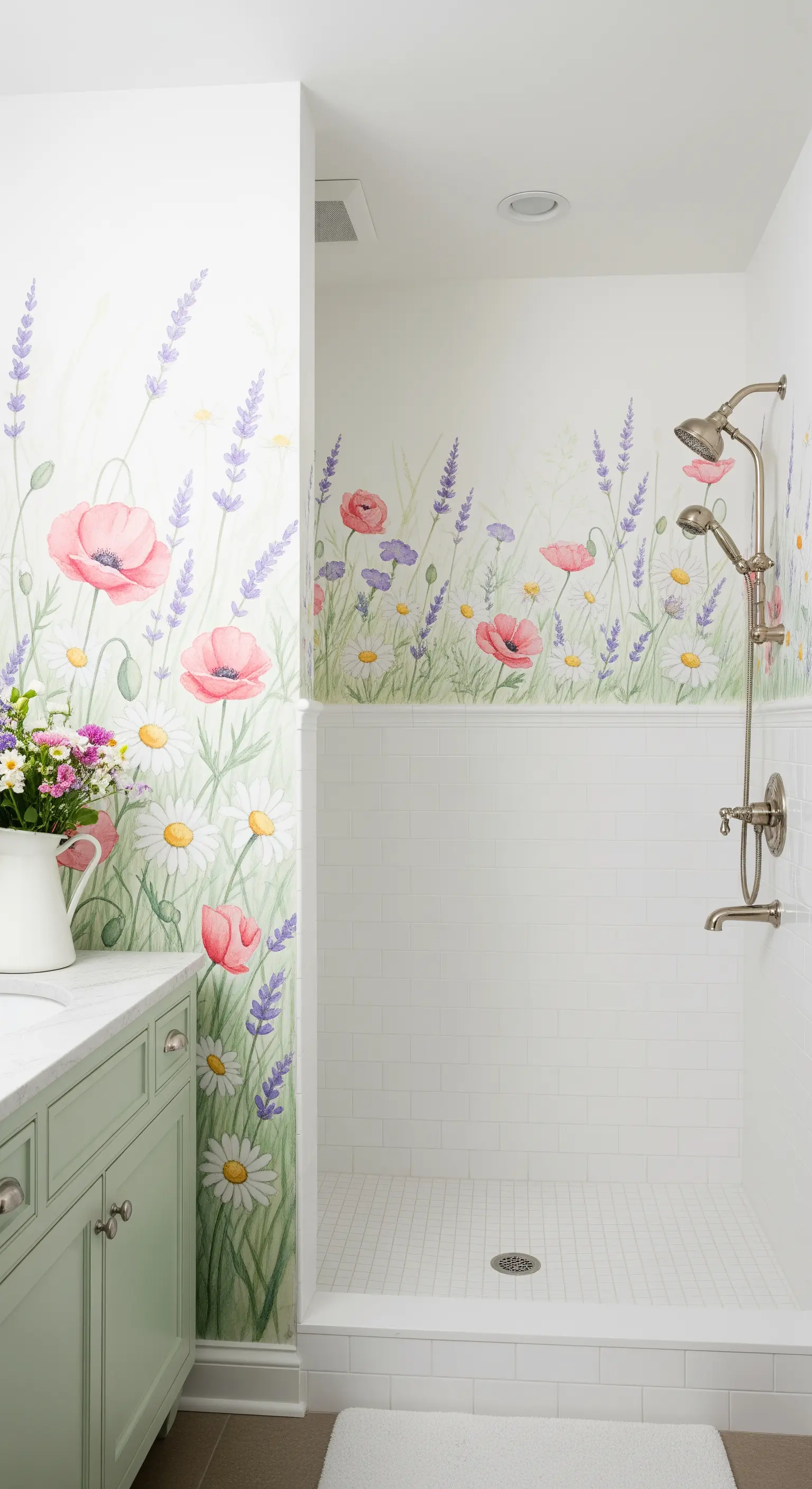 Bagno in stile cottage con murale di fiori di campo ad acquerello e mobile verde salvia.