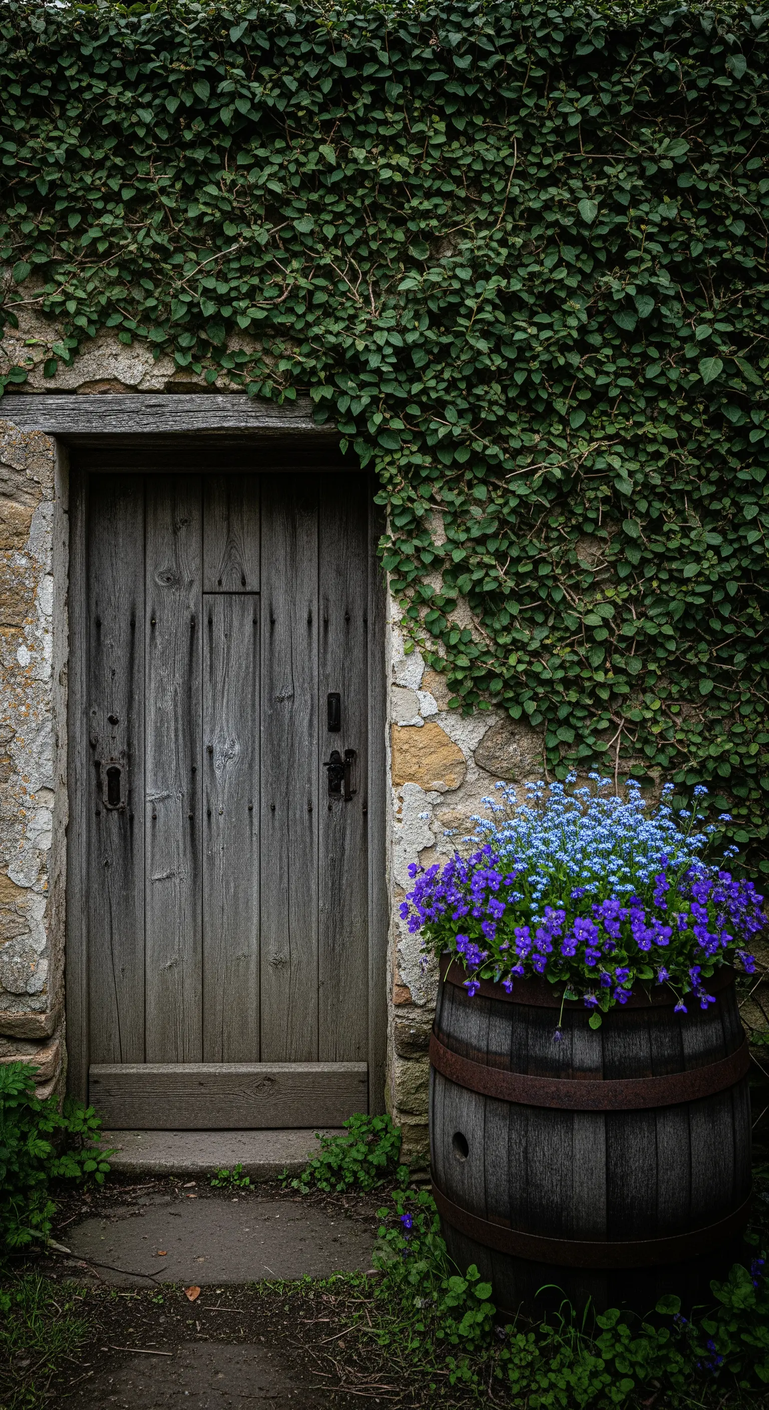 Vecchia porta in legno stagionato accanto a una botte scura con fiori blu e viola.