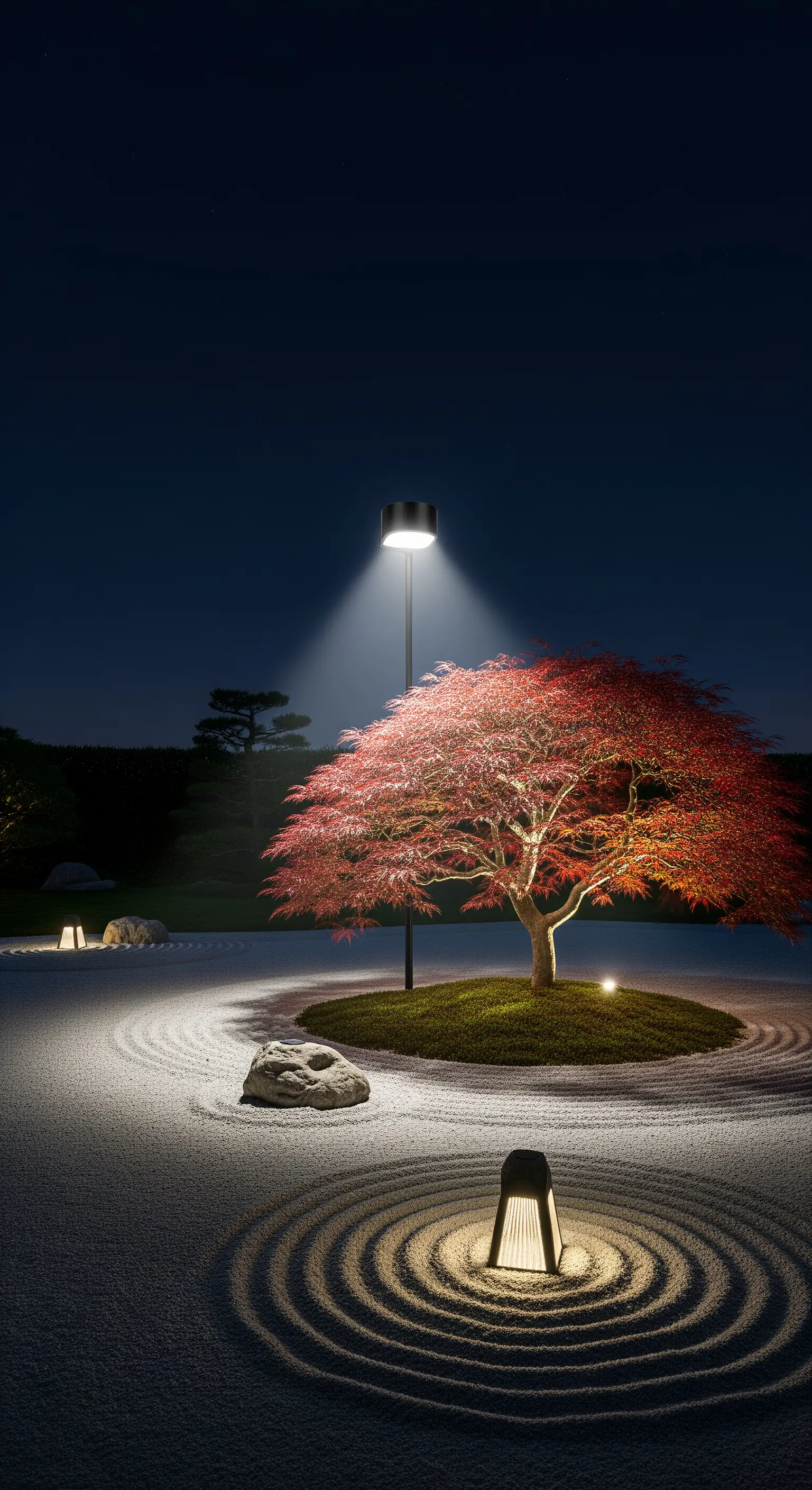 Giardino zen di notte con un faretto che illumina un acero giapponese.