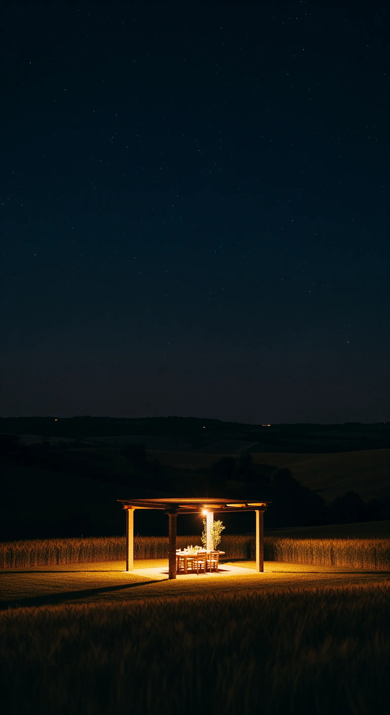 Un singolo pergolato illuminato di notte in mezzo a un vasto campo buio.