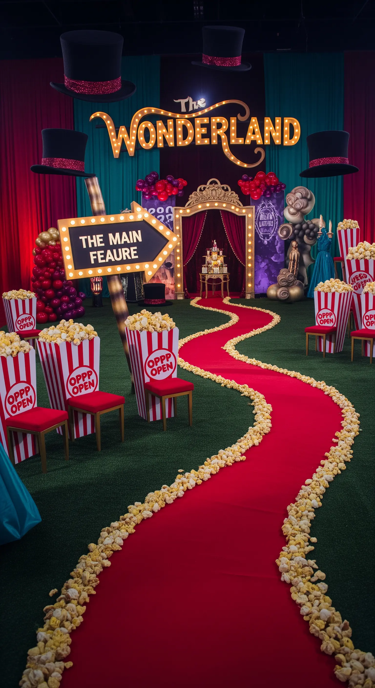 Allestimento a tema Wonderland con tappeto rosso sinuoso e popcorn.