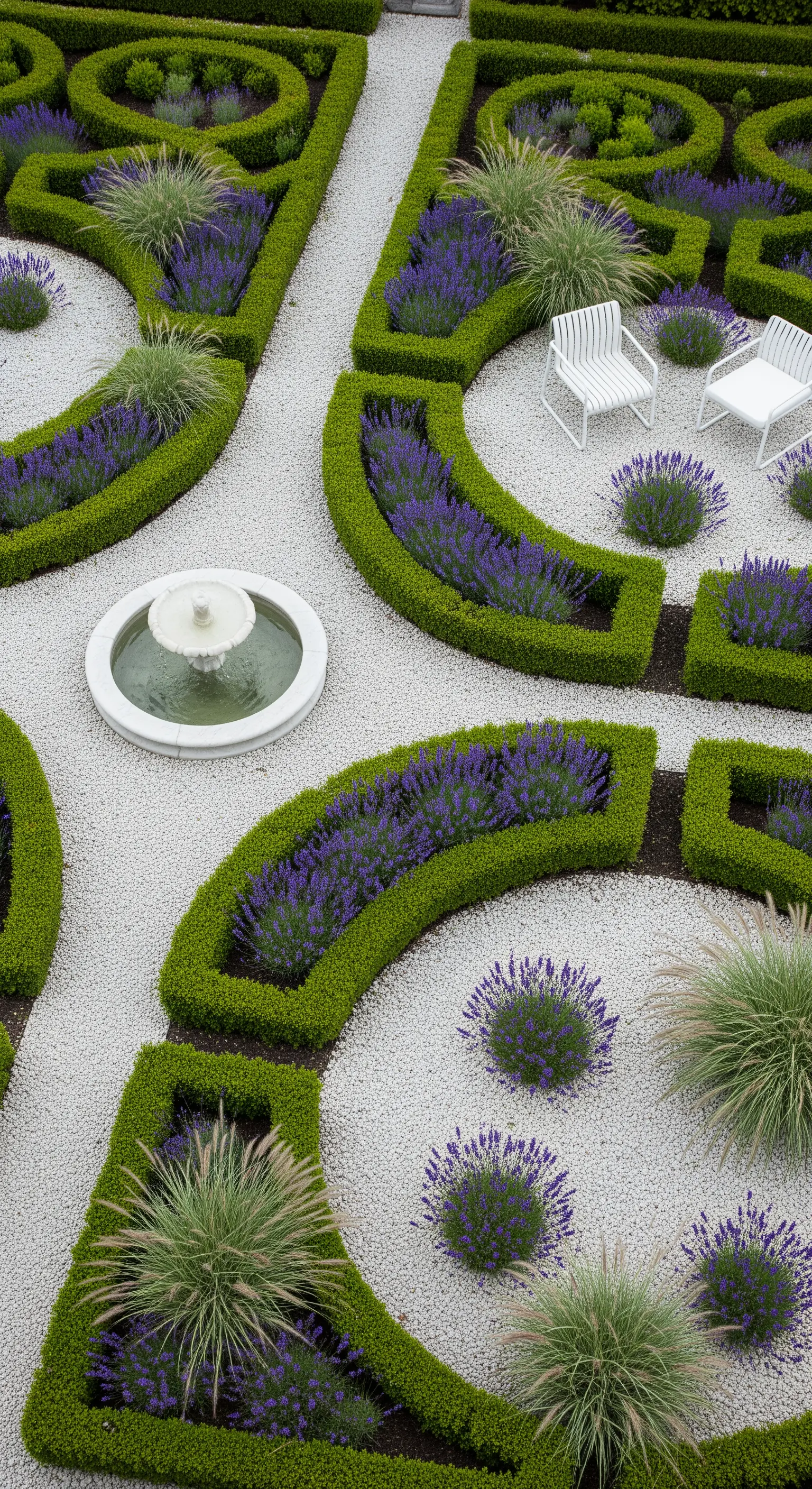Giardino formale con aiuole curve di bosso riempite di lavanda viola e circondate da ghiaia bianca
