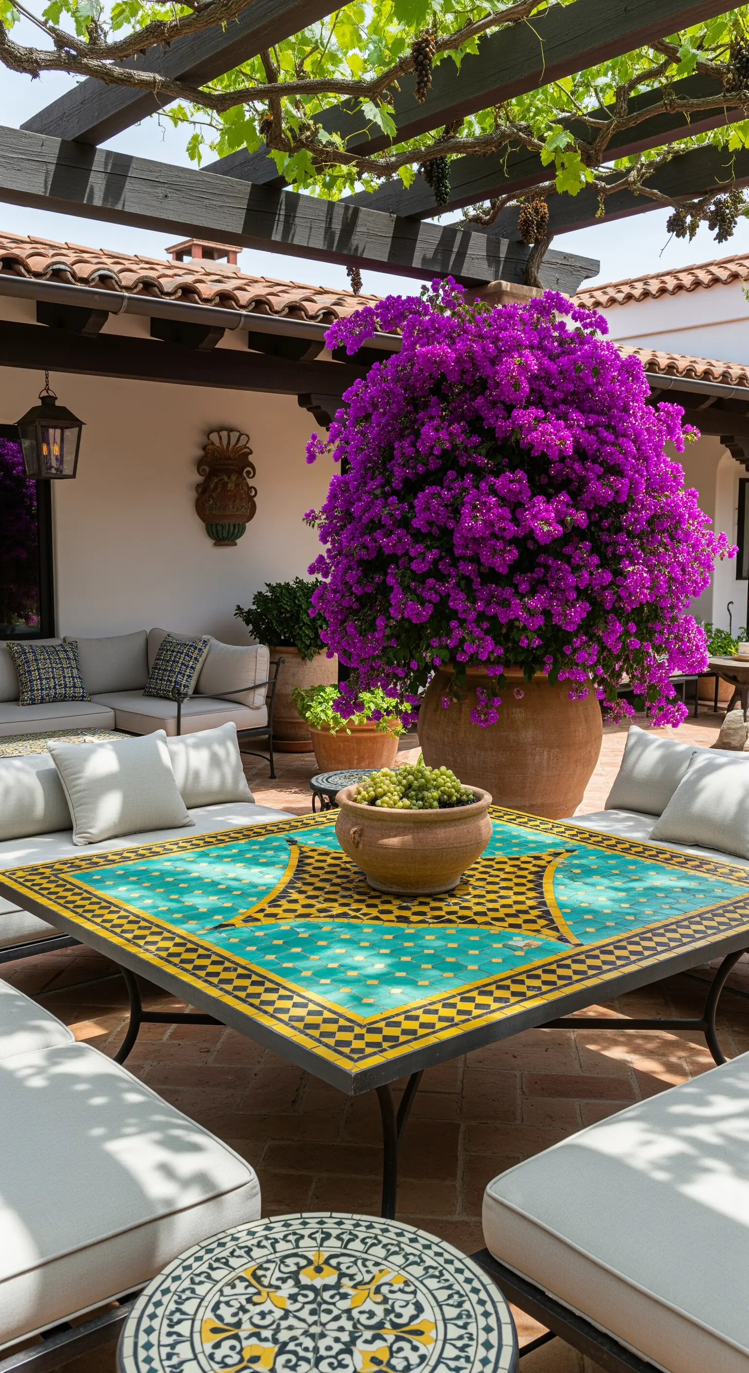 Patio con divani bianchi, tavolo in mosaico turchese e una grande bouganville in vaso.