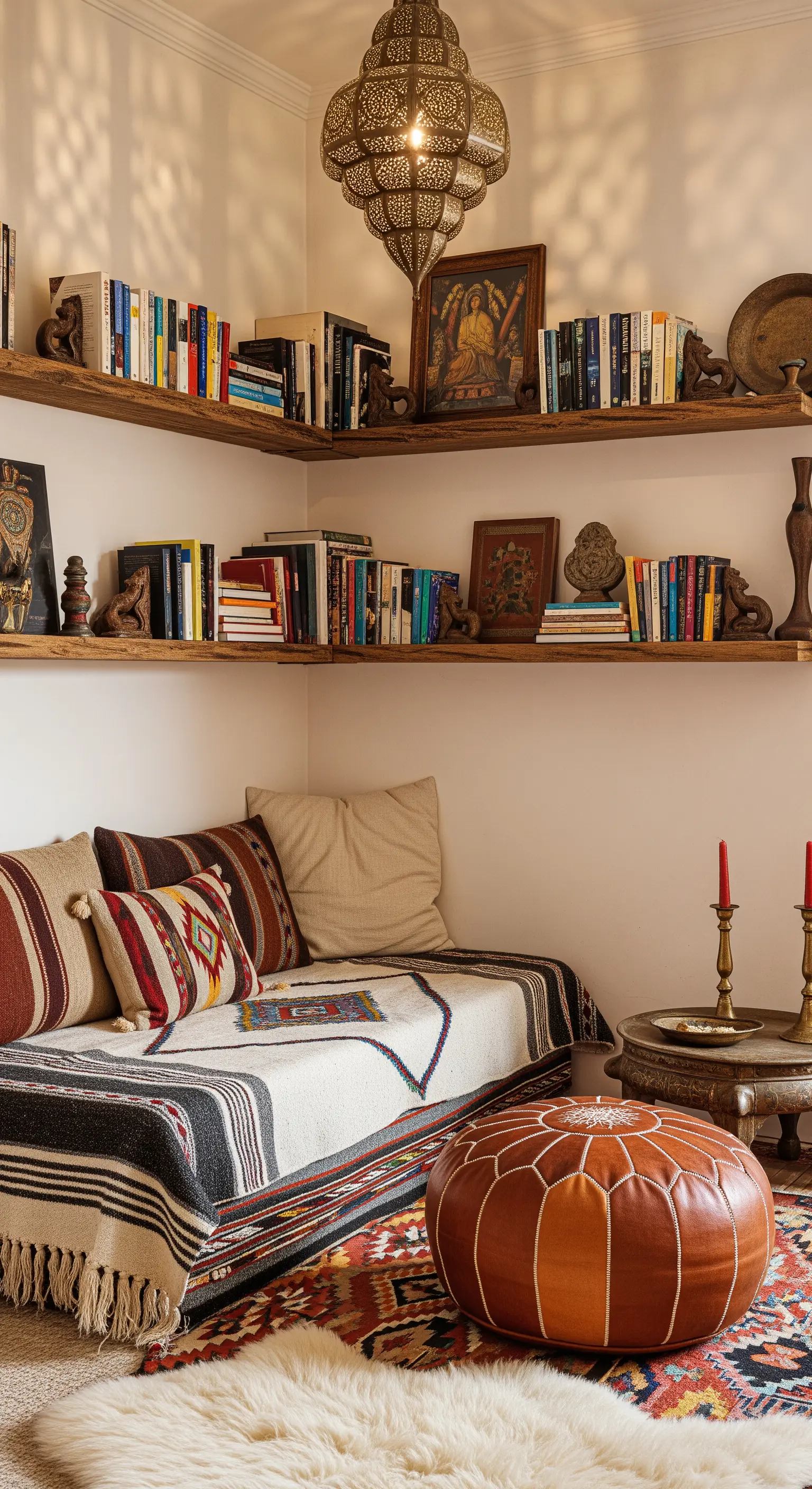 Angolo lettura etnico con mensole in legno, daybed con tessuti kilim e pouf in pelle.