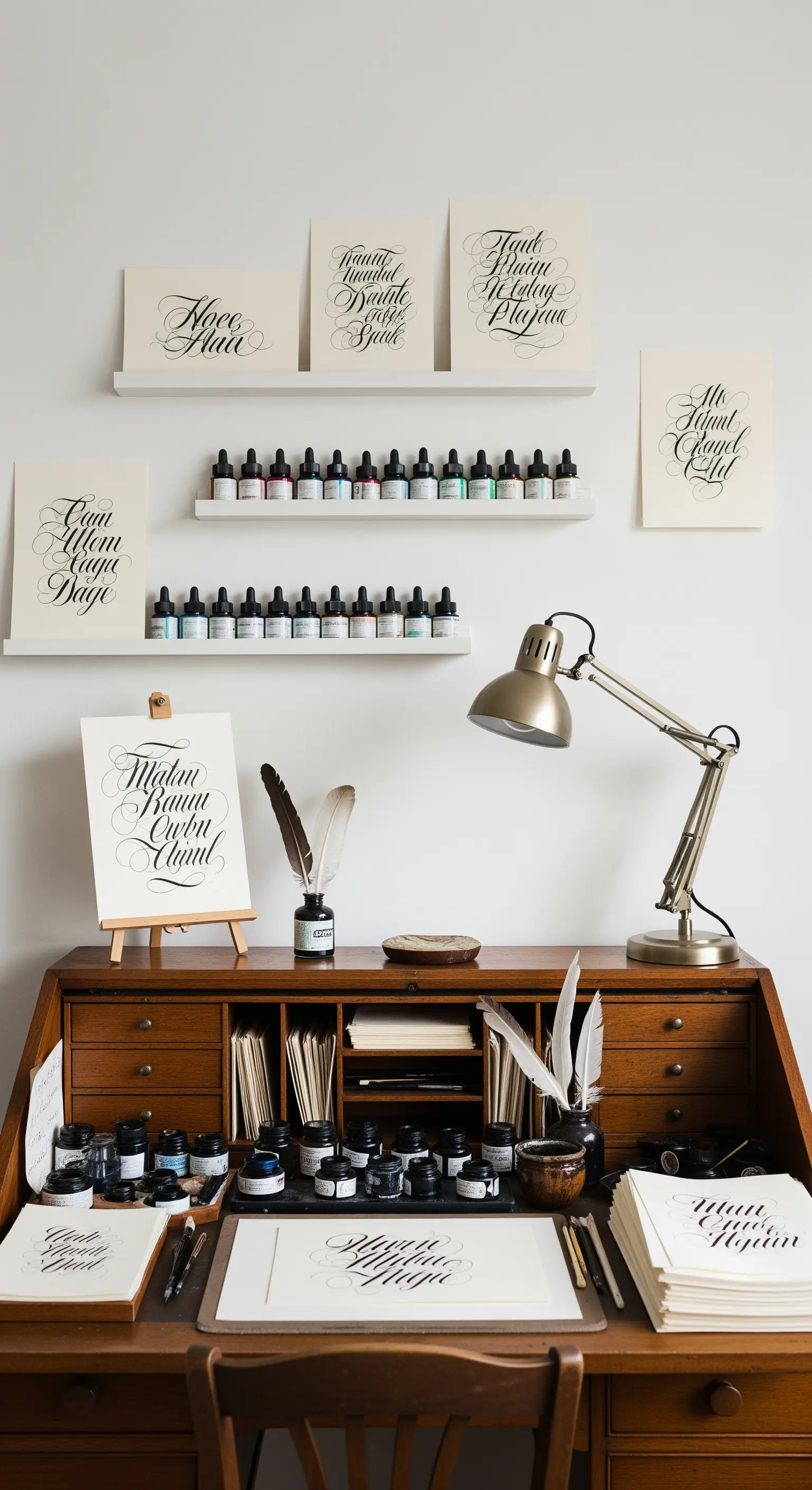 Scrivania in legno per calligrafia con boccette d'inchiostro, penne e carte decorate.