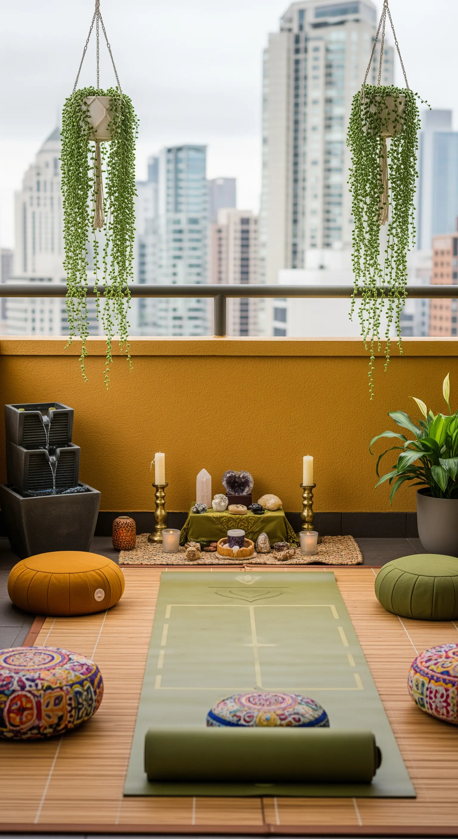 Angolo meditazione su un balcone con cuscini zafu, altare con cristalli e fontana.