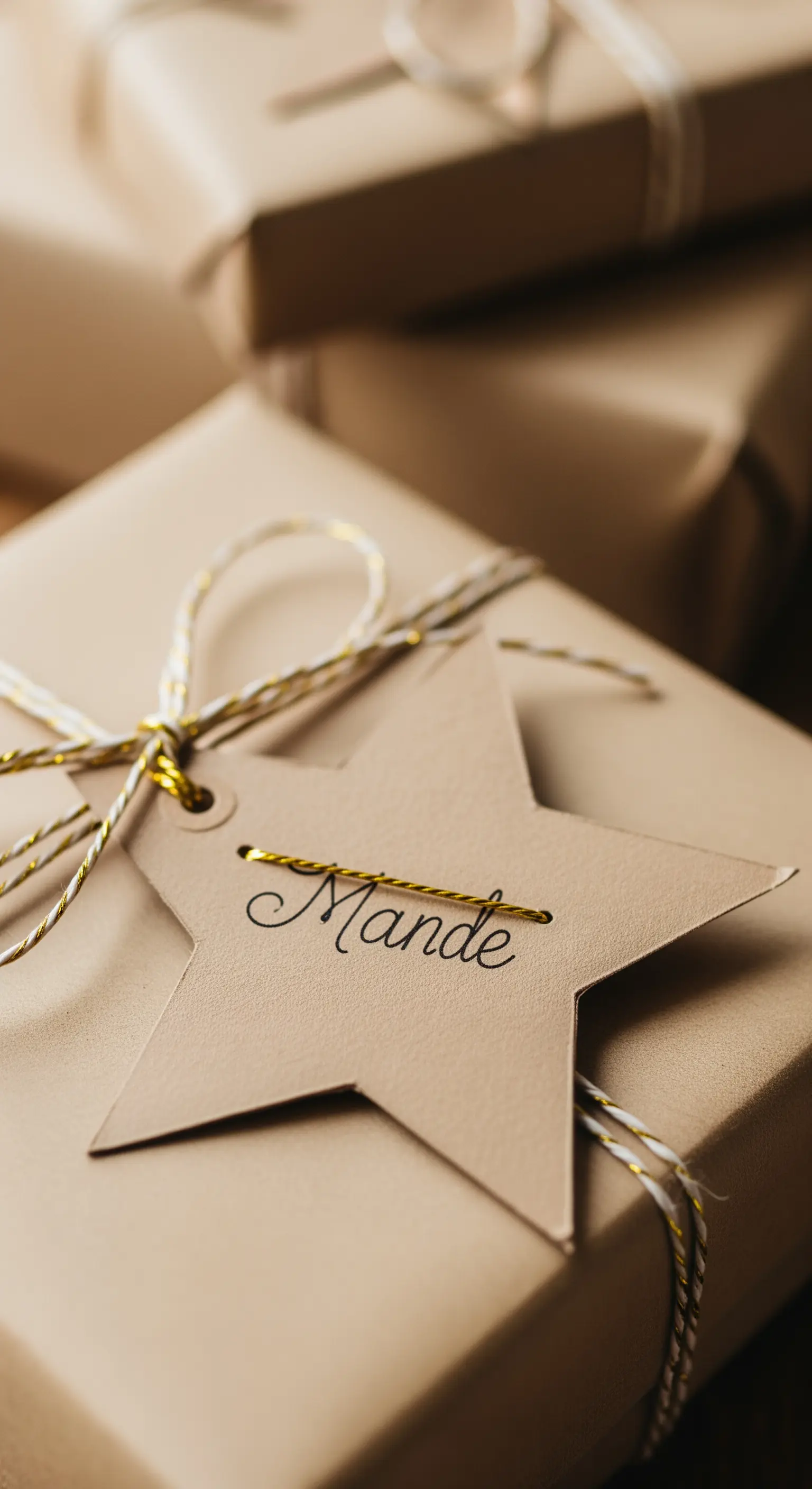 Stella di carta usata come etichetta per un regalo, con un nome scritto a mano